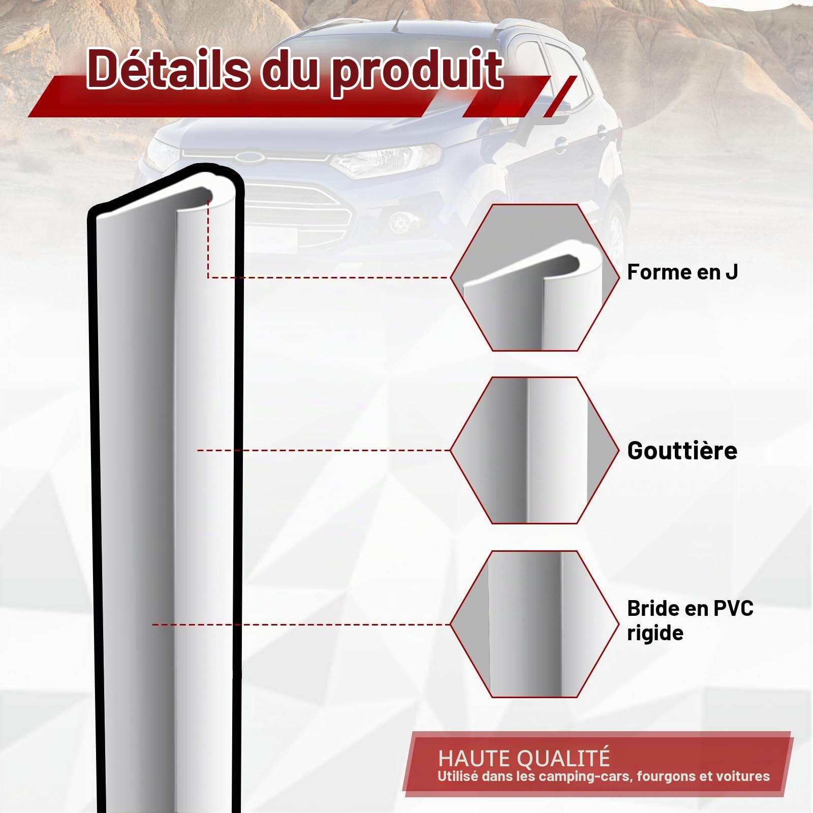Gouttière Camping Car 10 Mètres de Bande de Caoutchouc Pour Gouttières Bande de Protection en PVC Déflecteur d'eau de pluie en forme de J - Autocollante Pour Portes et Gouttières - Blanc