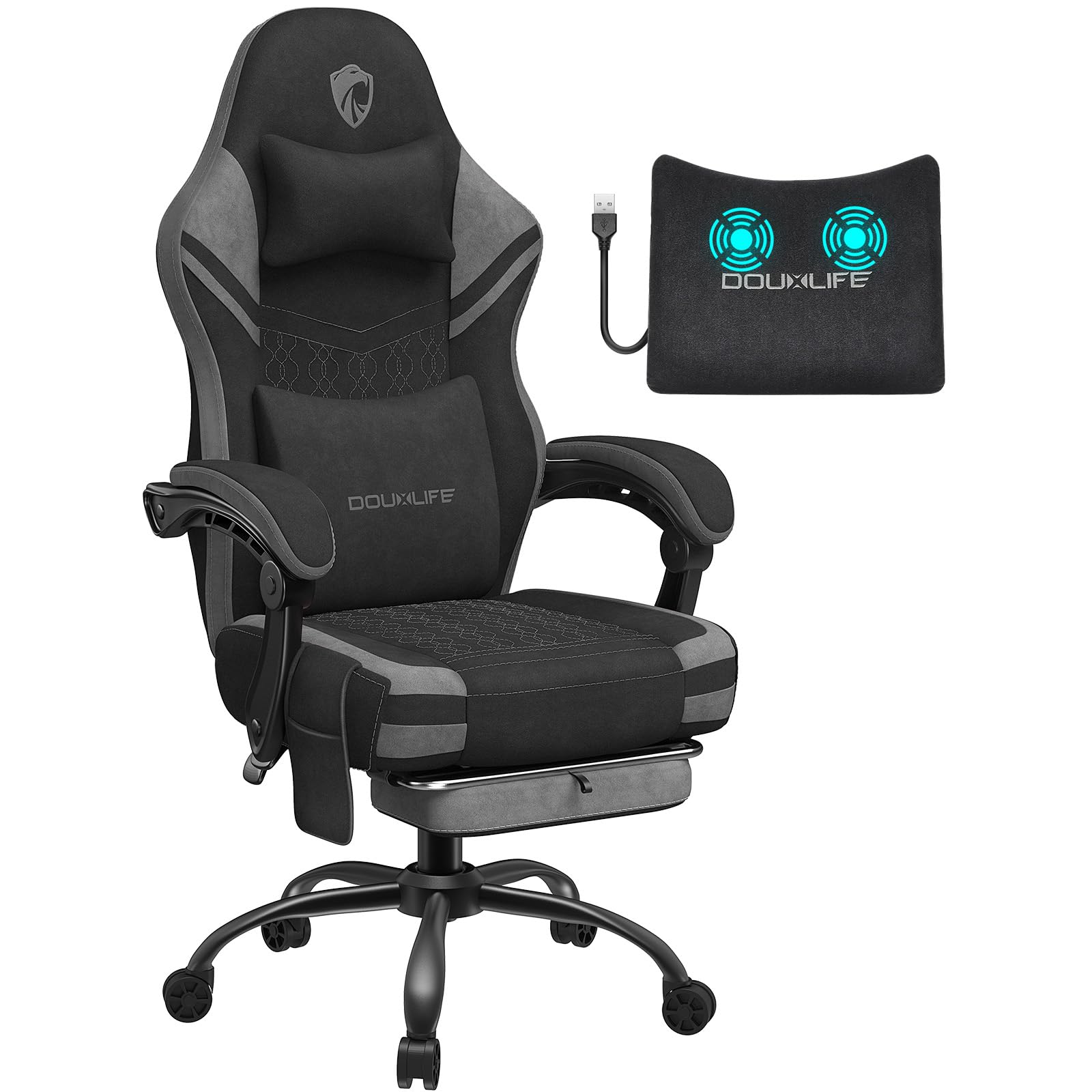 Douxlife Silla Gaming Ergonómica, Oficina Sillon in Tela High-Tech con cojín de muelles ensacados, con Cojín Lumbar de Masaje, Pies de metalpara y Bolsa de Almacenamiento Juvenil, Adulto, 158kg, Gris