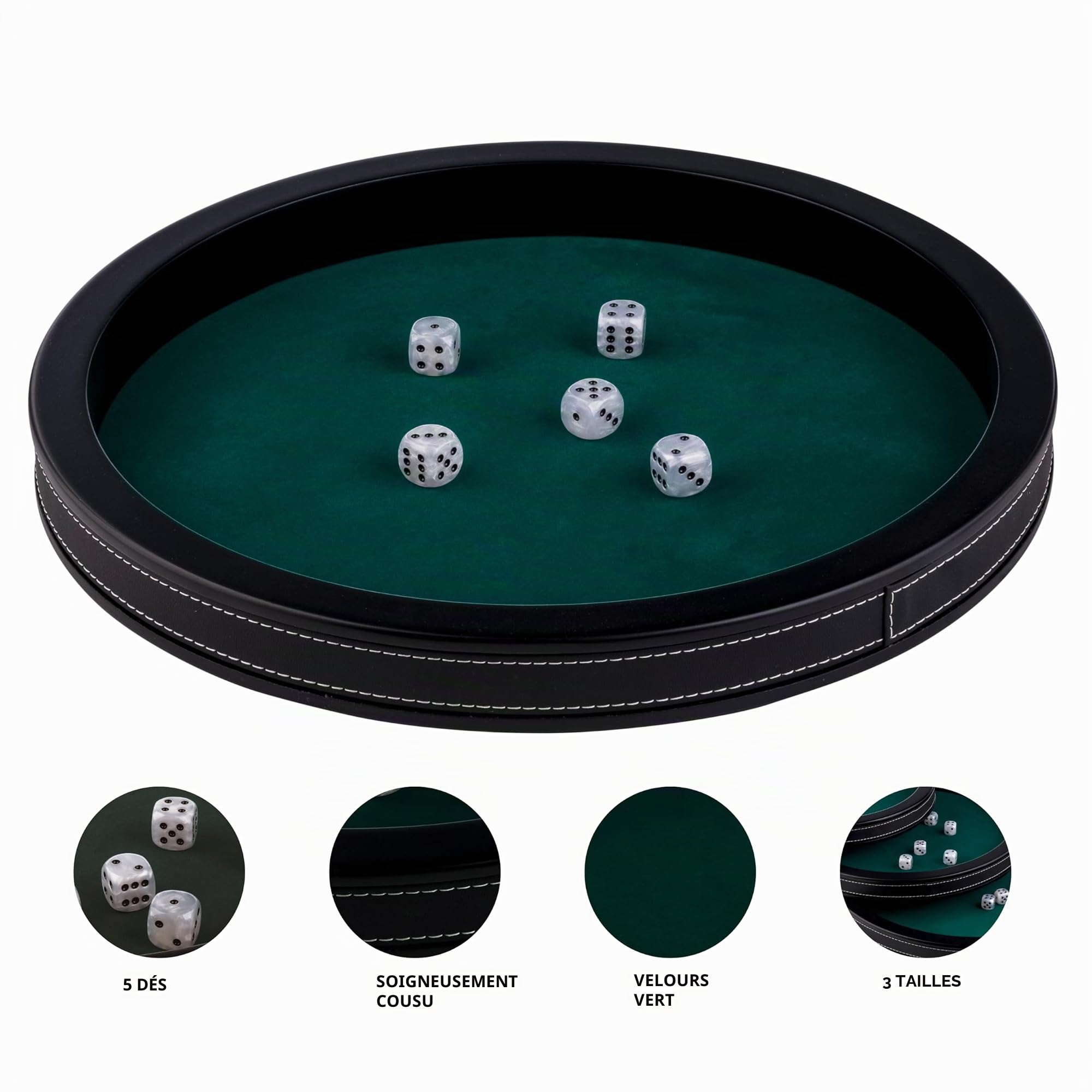Piste De Des Yams Poker 34 Cm - Simili Cuir Noir, Feutre Vert, 5 Des | Plateau Rond Avec Bords Renforces Pour Cartes, Jetons Et Lancers - Format Intermediaire Pour Famille Et Soirees Casino