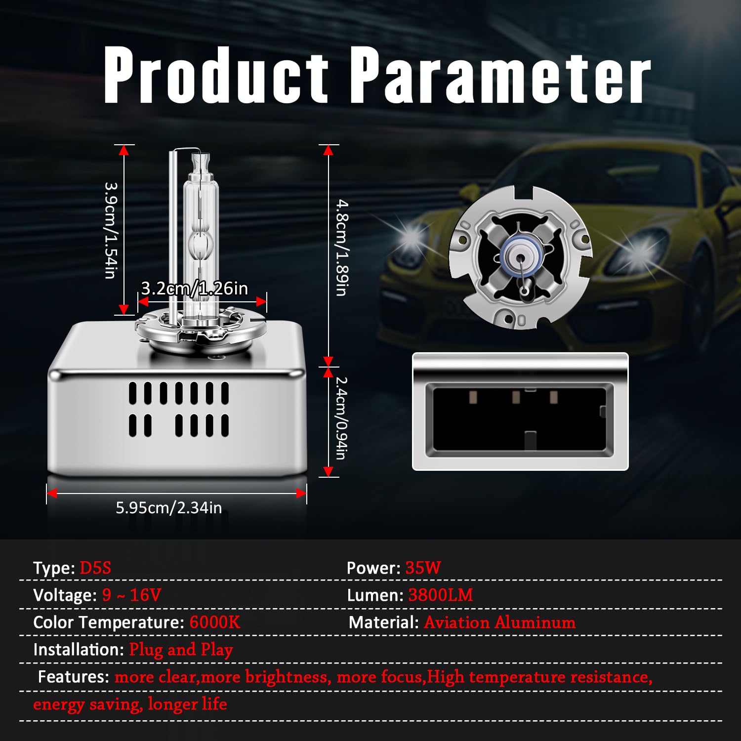 TECTICO D5S Ampoules Xenon 35W 6000K Blanc Diamant +300% Ultra Brillant D5S Kit de Conversion HID 12V DC avec Base Métallique Ampoule d'amélioration des phares, 1 Lampe