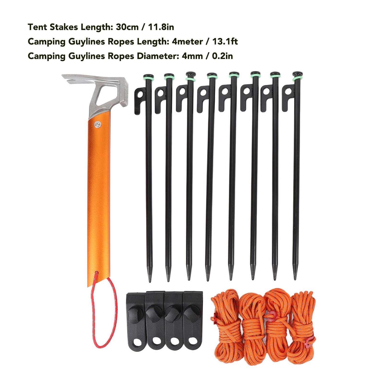 Piquets de Tente Piquets de Camping avec Cordes et Marteau Anneau Lumineux en Acier Inoxydable en Alliage d'Aluminium de Qualité Supérieure pour Camping en Plein Air Randonnée Sac (Noir et Orange)