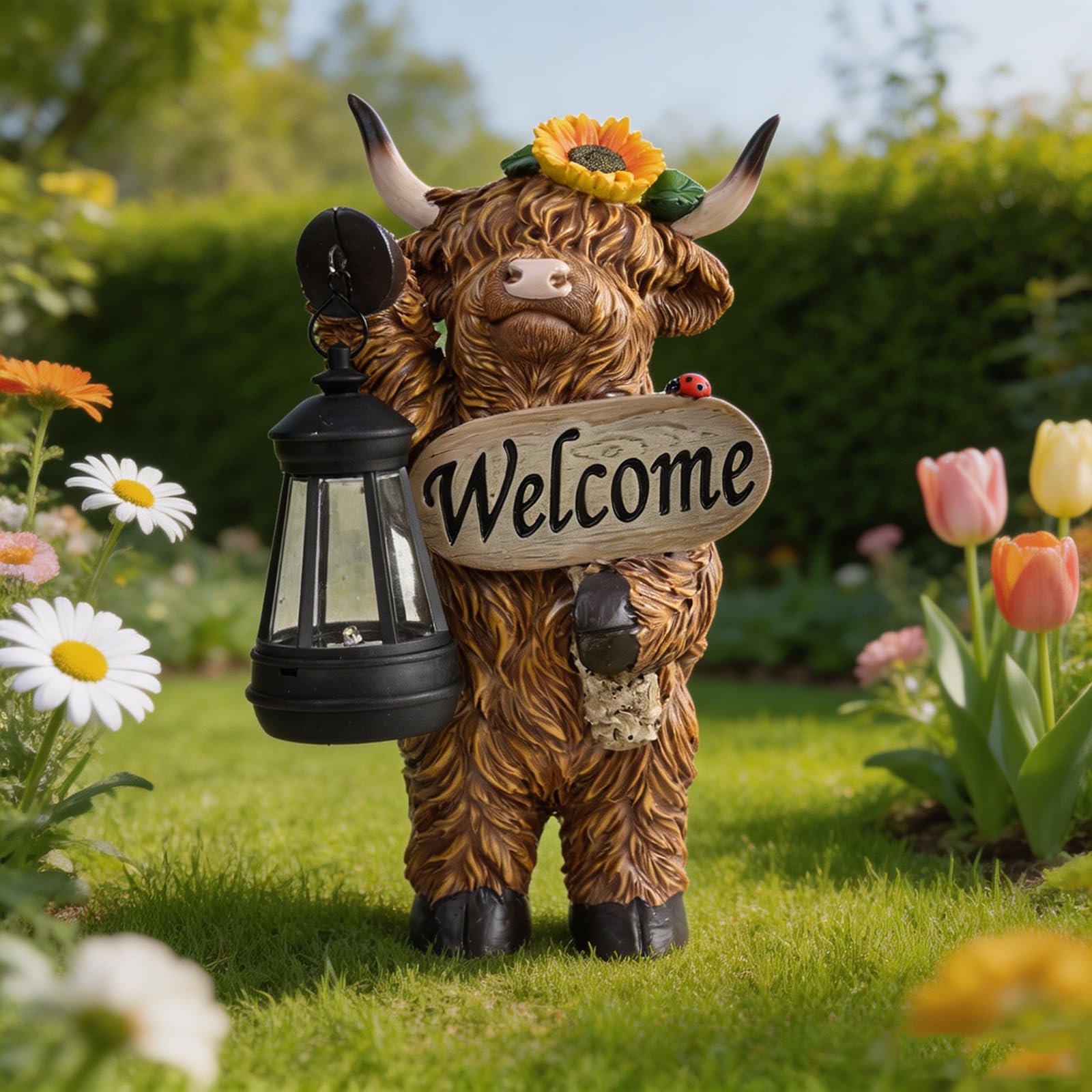 Highland Cow Solar Garden Lantern with Lantern & Welcome Sign Resin Outdoor Highland Cow Ornament Waterproof Solar Garden Decor for Patio Lawn Porch Yard (Brown D)
