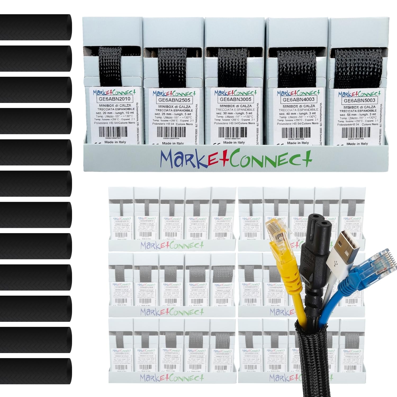 MarketConnect® Gaine Câbles Expansible • Présentoir BIGSIZE Braidkit • 5PCS (Ø20-25-30-40-50mm, L 3-10m) • NOIR