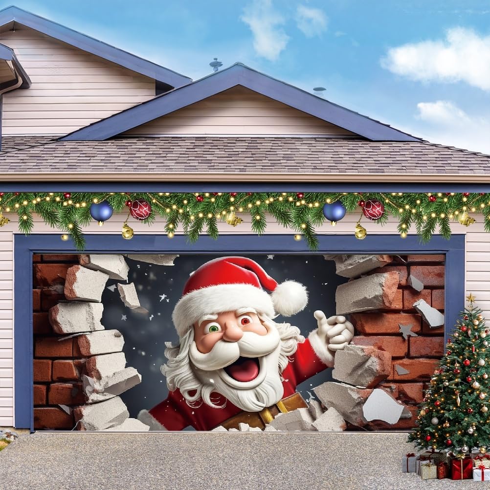 Zfflyh Wall Santa Claus A Christmas Garage Door Banner Cover Christmas Decorations Santa Claus Cover Garage Door Murals Large Xmas Backdrop Decoration For Indoor Outdoor,,8 * 7Ft