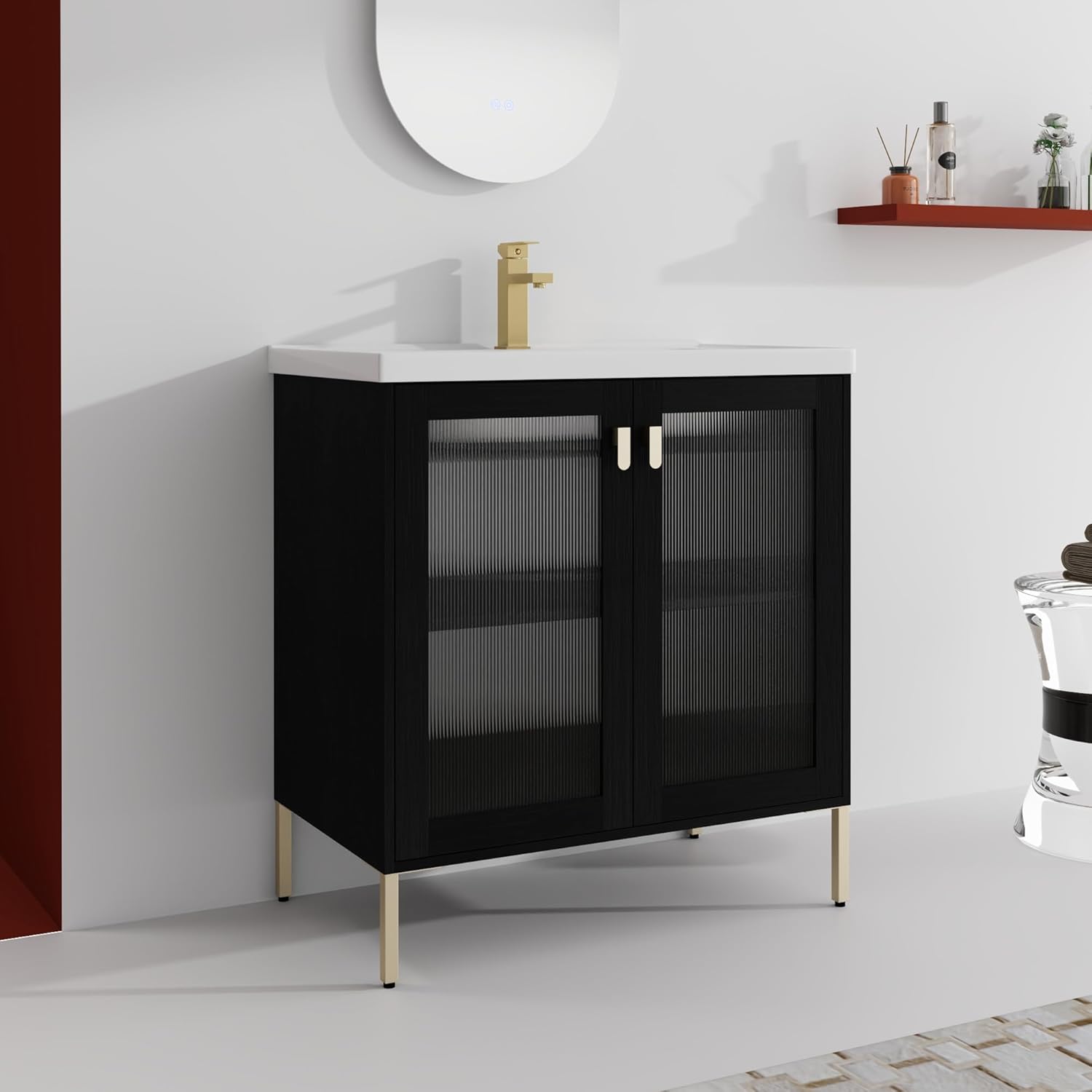 32" Bathroom Vanity with Sink Floor Stand Undermount Bathroom Sink Cabinet with Storage and Translucent Doors Modern Black Gold Vanities for Home Bath