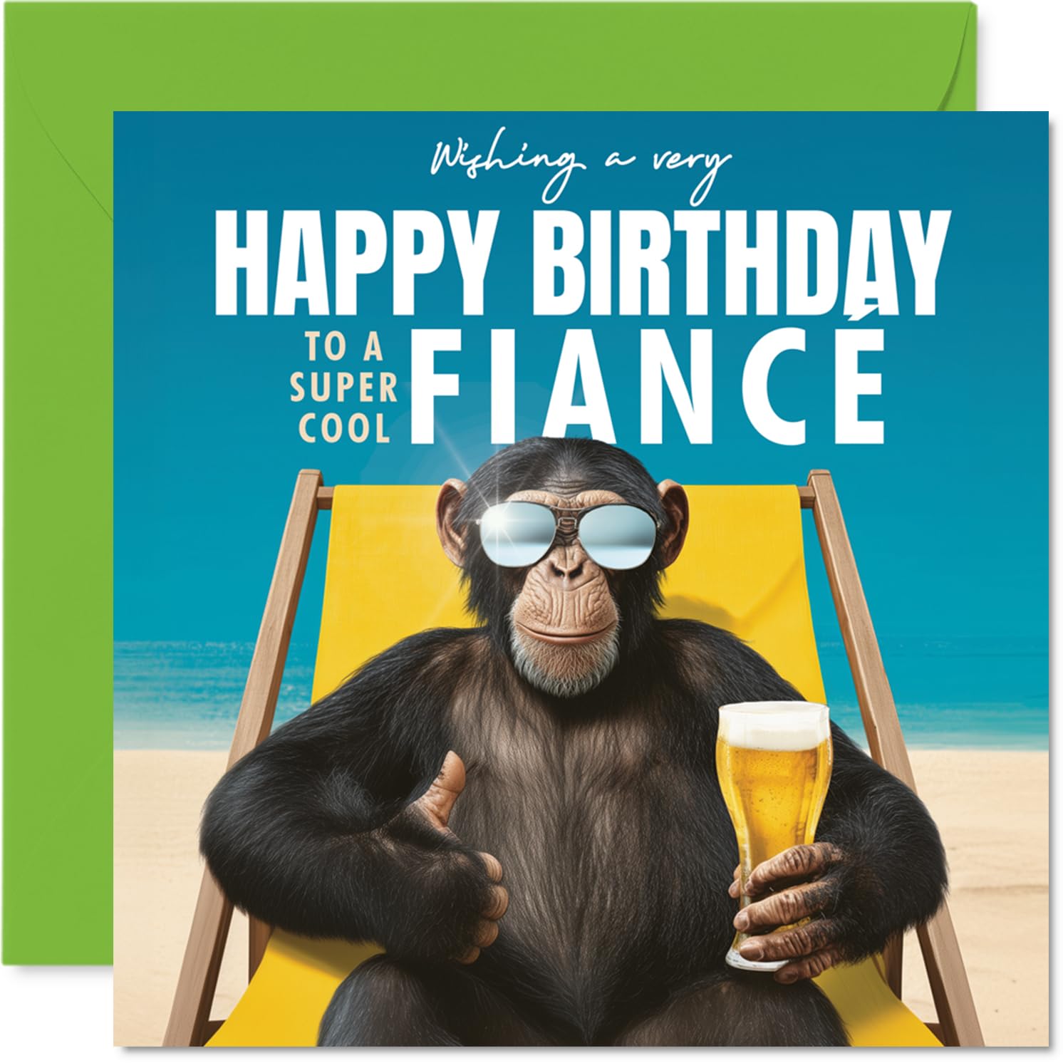 Fiance Birthday Card - Relaxing Chimp on Beach - Happy Birthday Card for Fiance from Fiancee Partner, 145mm playful animal illustration Bday Greeting Cards