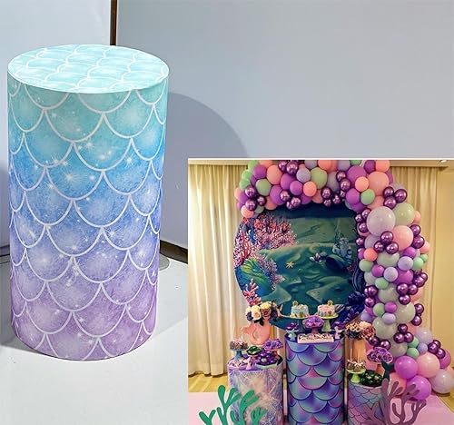 ittsmnt Cubiertas de zócalo cilíndrico bajo el agua, cubiertas de pedestal de Sirenita con purpurina, escamas azules y moradas, baby shower, fiesta