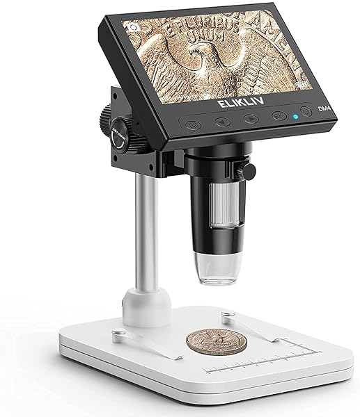 Elikliv Microscope, LCD Digital Coin Microscope 1000x, Coin Magnifier with 8 Adjustable LED Lights, PC View Compatible with Windows/MacBook, EDM4, 4.3-Inch