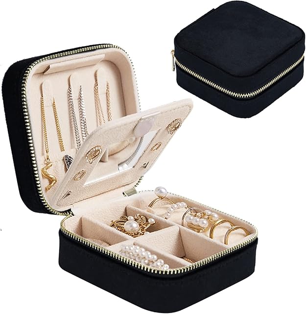 Darbermu Mini Jewelry Box Organiser, Portable Travel Jewellery Case, Velvet Double Layer Jewelry Bag with Mirror, Rings Earrings Necklace Bracelets Jewelry Gift Box Girls Women (Black)