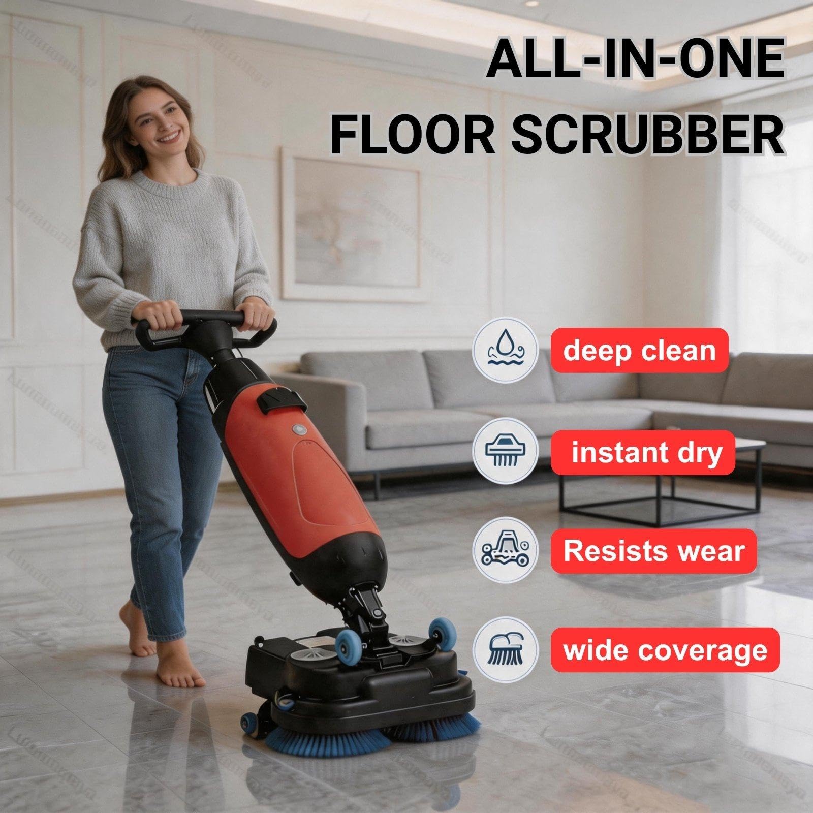 Máquina Fregadora de Suelos Comercial, Limpiador Inalámbrico de 350 RPM, Cabezal Giratorio de 360° y Doble Cepillo, 120 Min de Autonomía para Suelos de Vinilo, Hormigón y Vinilo de Lujo White