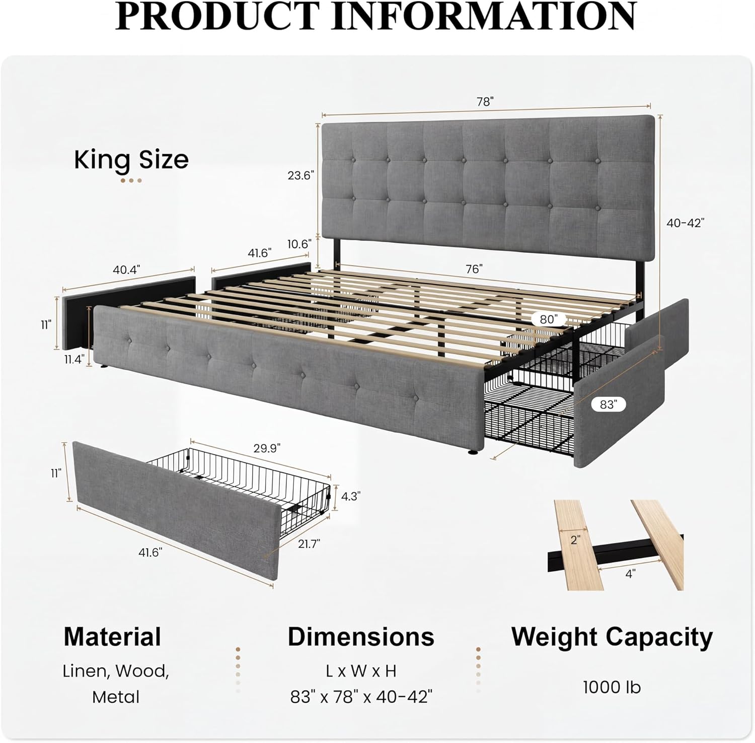 SHA CERLIN Upholstered King Size Platform Bed Frame with 4 Storage Drawers, Adjustable Headboard with Square Stitched Button Tufted Design, Wooden Slat Support, No Box Spring Needed, Light Grey