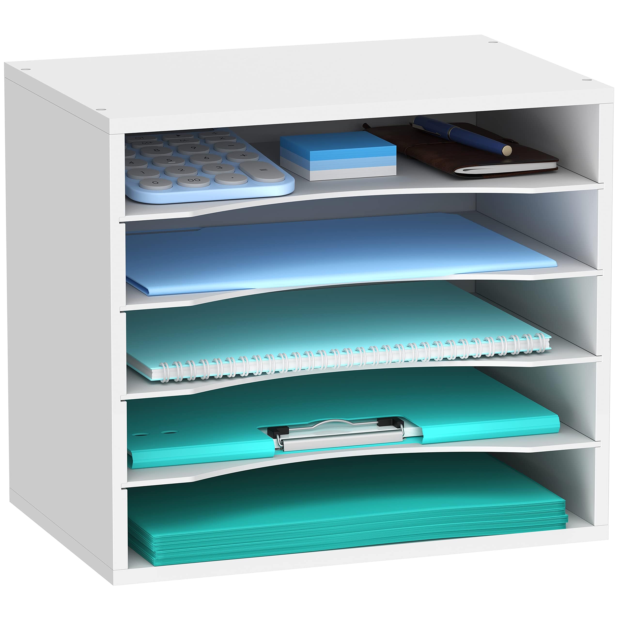 SHARKWOODS 5-Tier Wood Desk Organizer, Paper Sorter for Desktop with Adjustable Storage Shelves, Desktop Mail Holder for Office Home Classroom, White