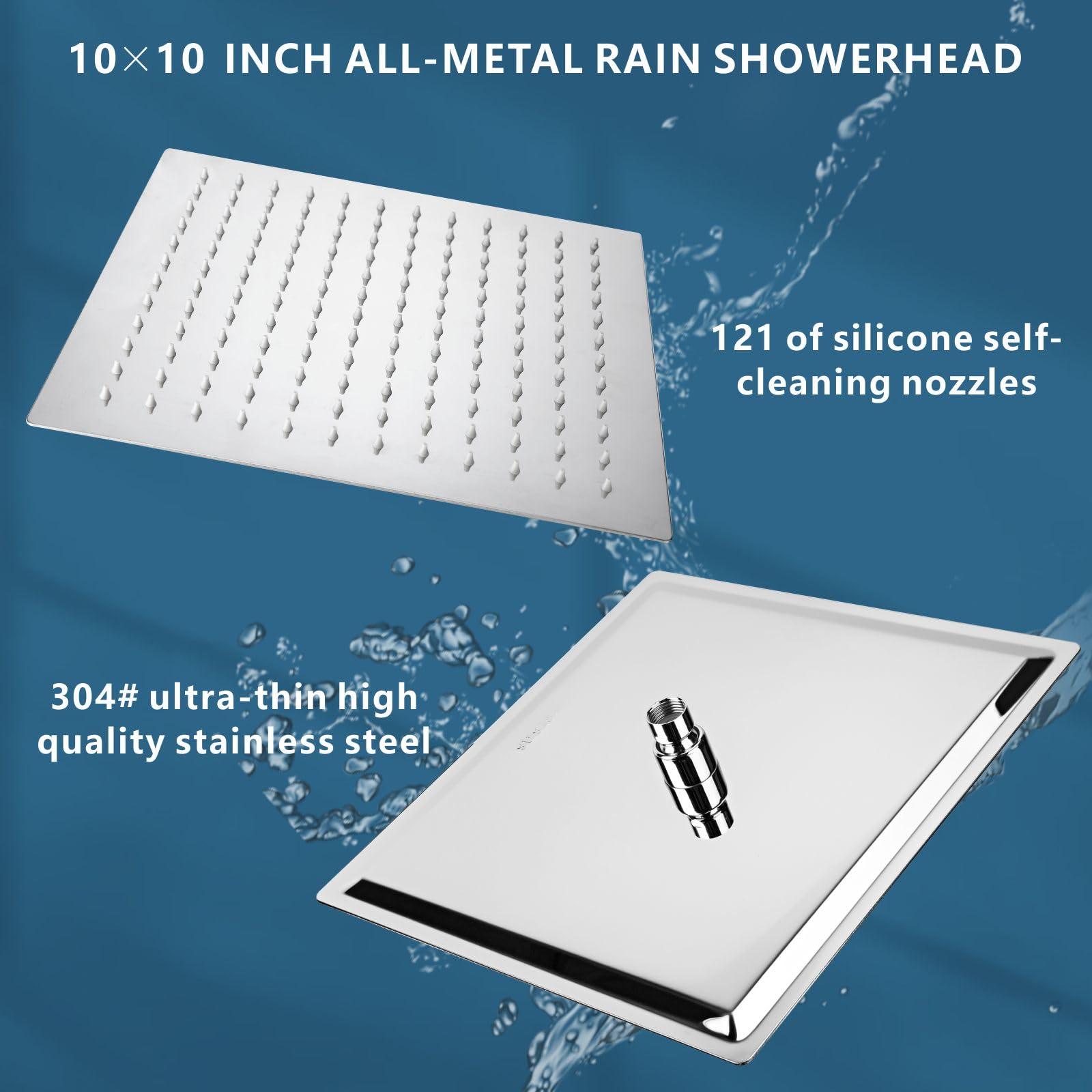 Voolan Soffione doccia a pioggia quadrato da 25,4 cm con braccio di estensione da 35,6 cm, angolo e altezza regolabili, soffione doccia a pioggia ad alta pressione in acciaio inox, 2,5 GPM cromato