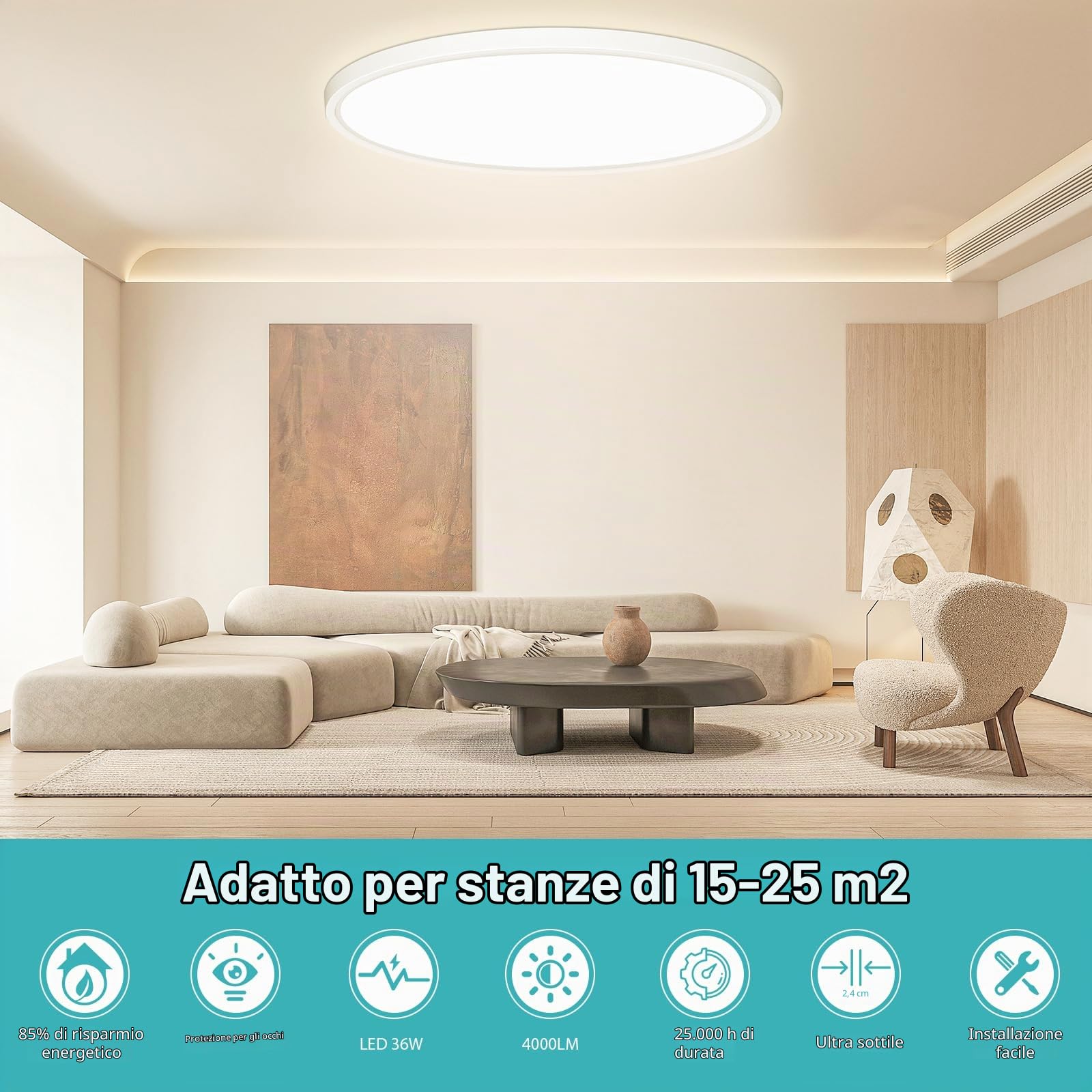 Ø40cm Plafoniera LED da Soffitto, 4000LM Lampade da Soffitto 36W Ultra-Sottile Lampadario Moderni Rotonda Plafoniere per Soggiorno IP44 Impermeabile Plafon per Bagno, Cucina, Camera da Letto