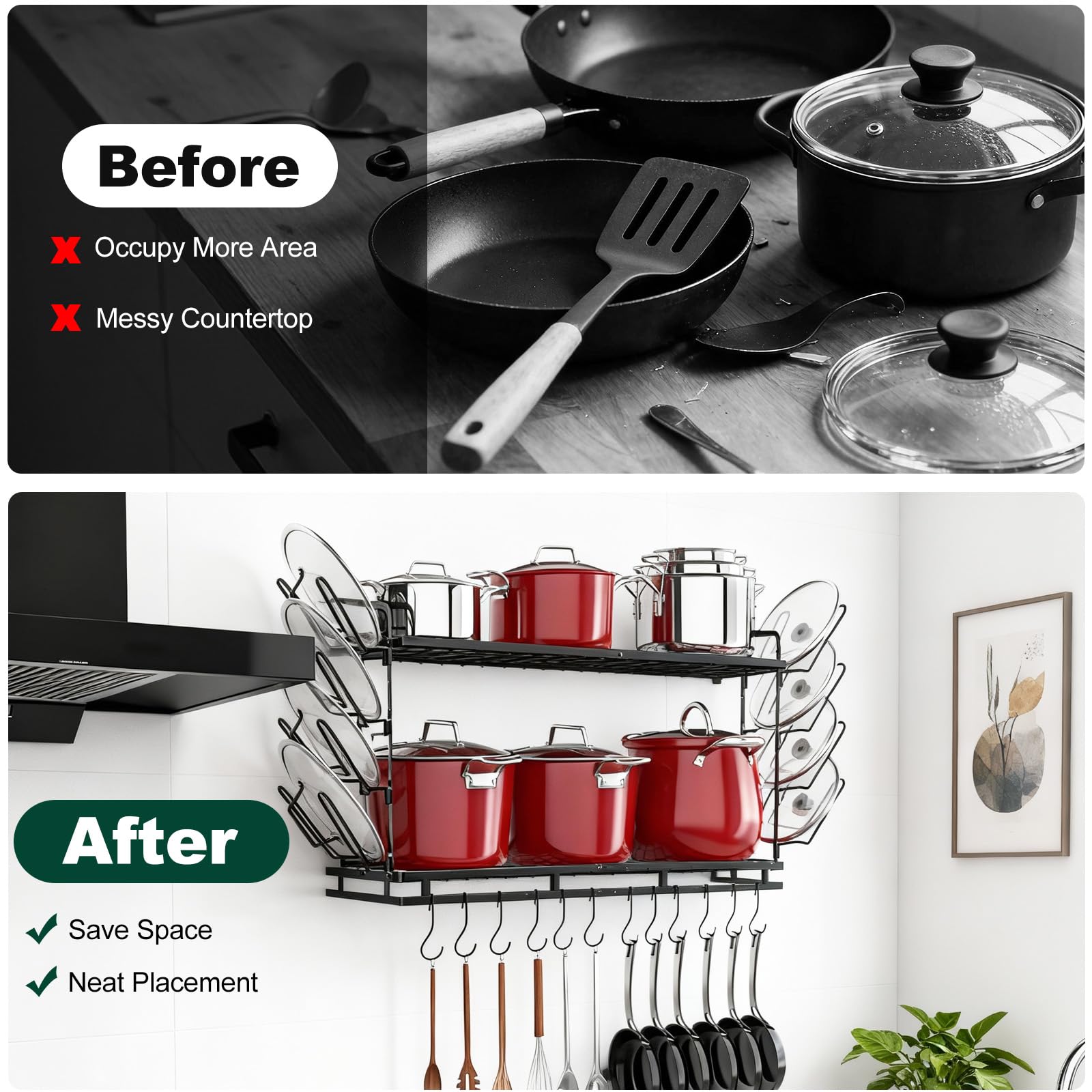 Housolution Rangement Casserole Mural, Longueur Extensible de 57 à 77 cm, Hauteur Réglable sur 3 Niveaux, Robuste Range Poele Porte Couvercle avec 12 Crochets Verticaux et 8 Porte-Couvercles