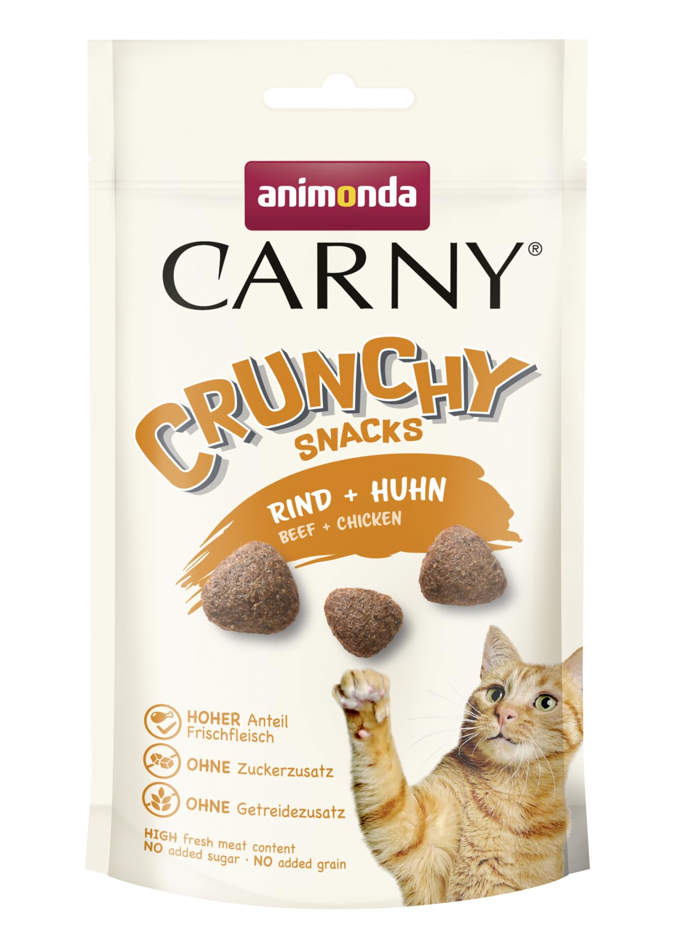 animonda Carny Crunchy Snacks, Katzen Leckerli mit Huhn und Rind (10 x 50g), knuspriger Premium Katzensnack für erwachsene Katzen mit viel Fleisch, ohne Getreide und Zucker