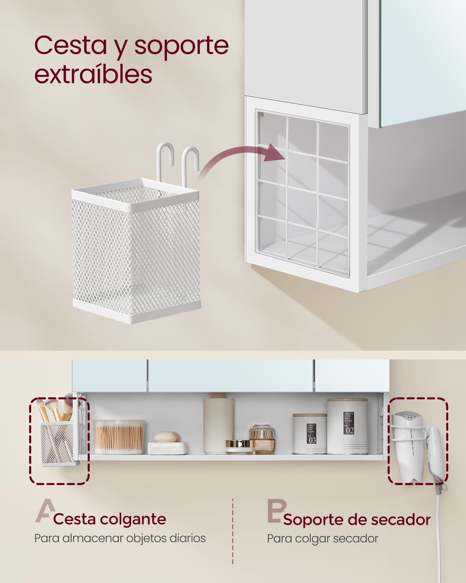 VASAGLE Mueble de Baño con Iluminación LED, 16,5 x 70 x 75 cm, Múltiple Toma de Corriente, Cesta Colgante, Soporte para Secador de Pelo, para Lavabo, Blanco Nube BBK126W01
