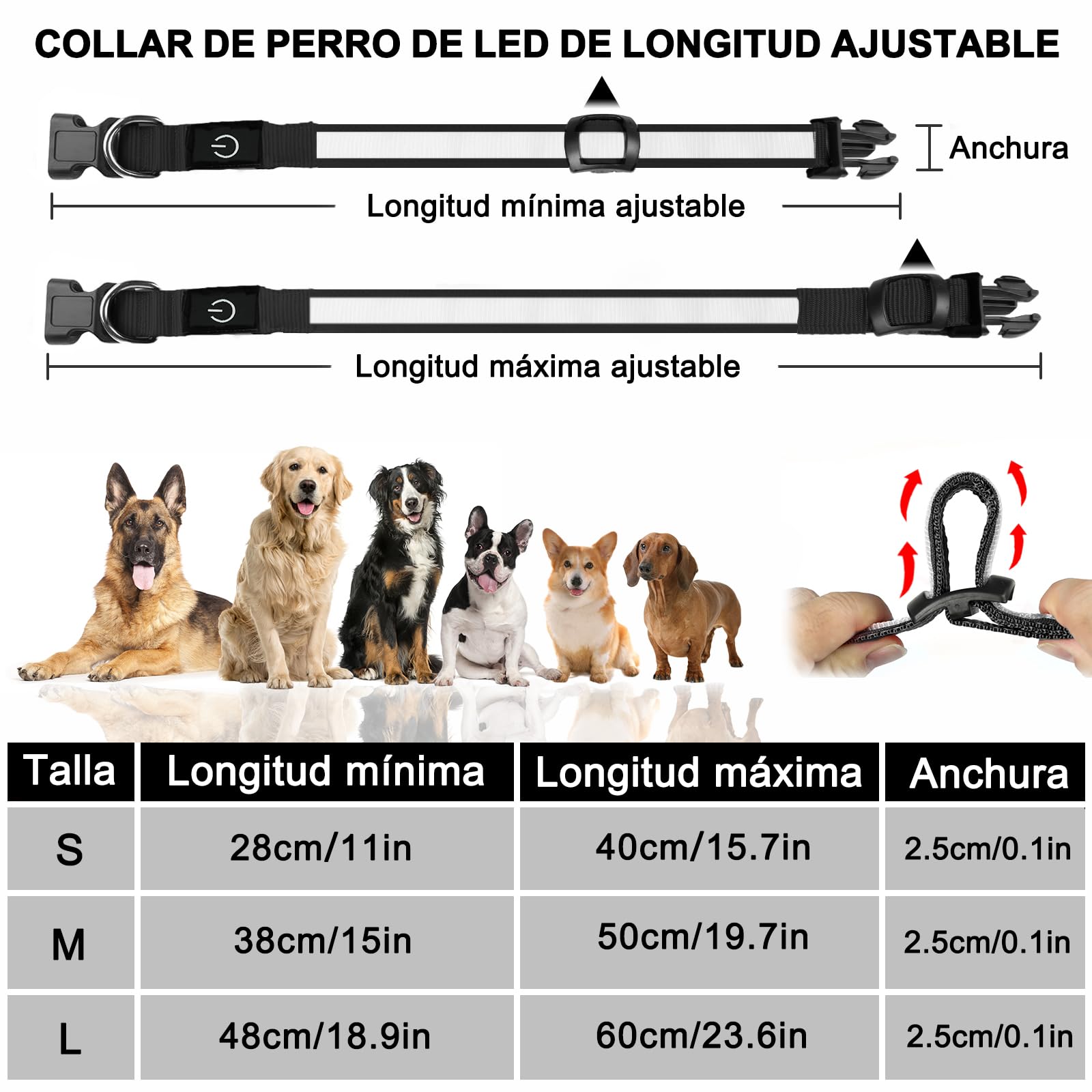 Nepfaivy Collare Luminoso per Cani Ricaricabile - Collare per Cani a Led con Lunghezza Regolabile, 3 Modalità di Illuminazione per la Sicurezza Notturna, Nero