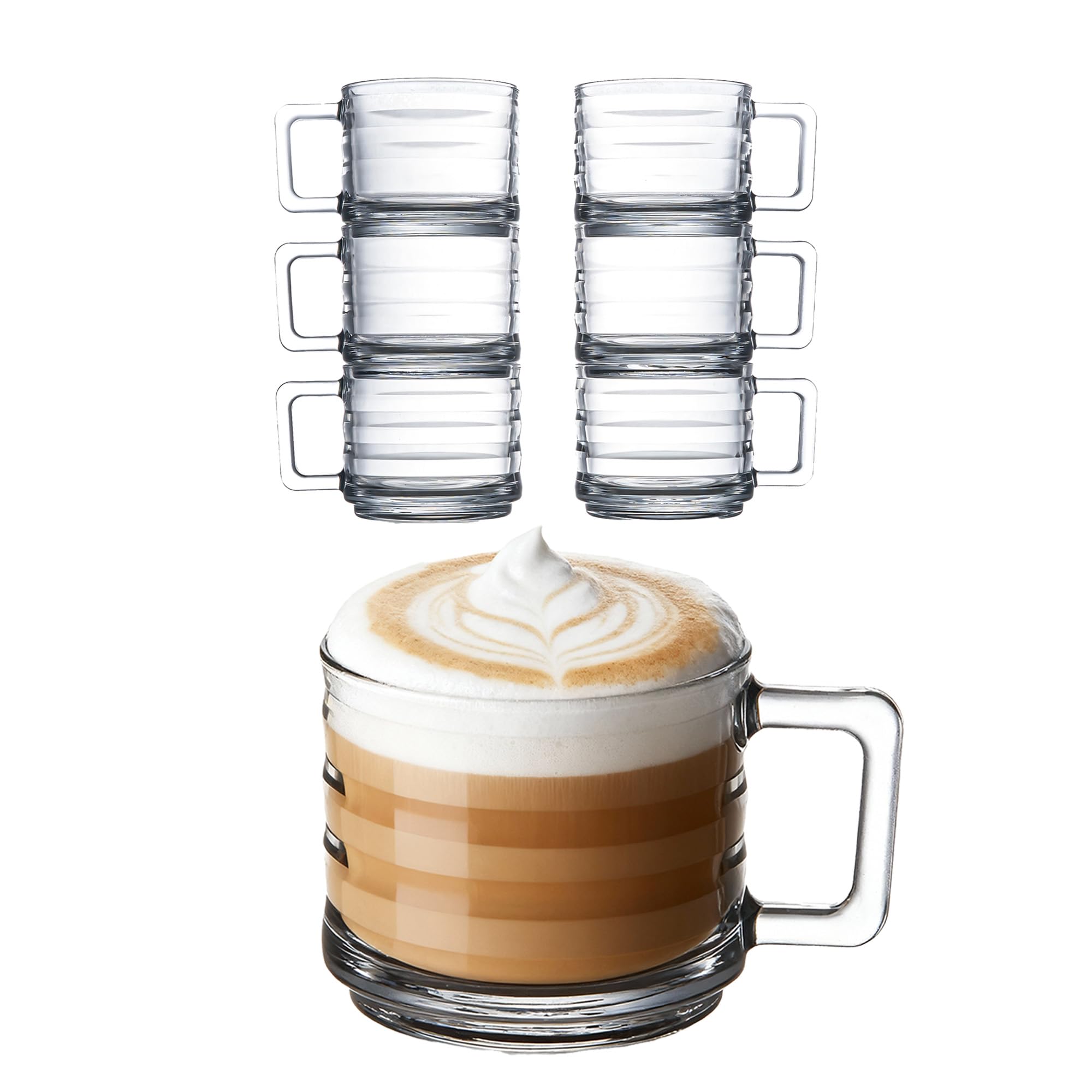 Juego de 6 Tazas de Vidrio Apilables para Café, Capuchino y Te - Vasos Totalmente Templados Con Asas para Bebidas Calientes (250 cc/8,5 oz)