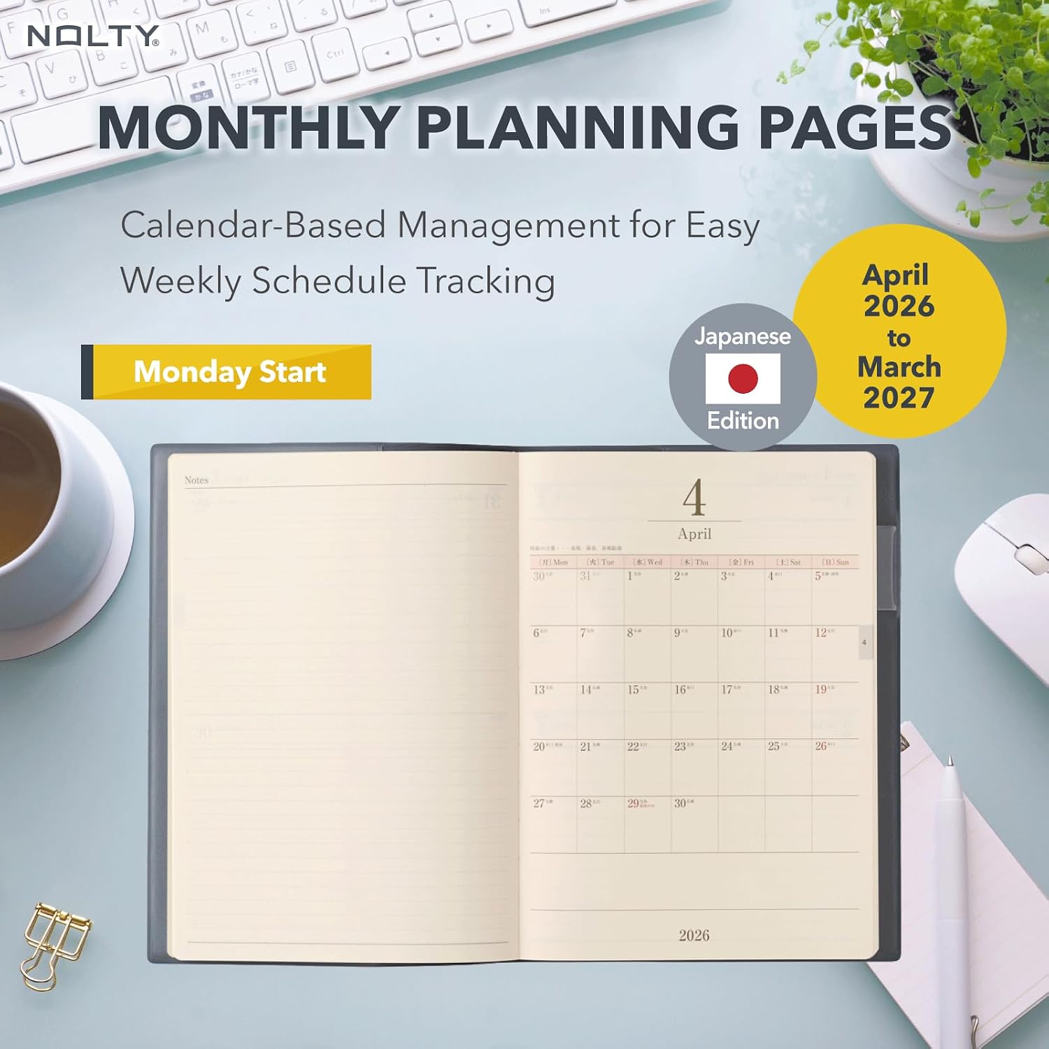 NOLTY Memory A5-3 Weekly Planner 2026, April Start, Japanese Edition, Blue, 2026-9621