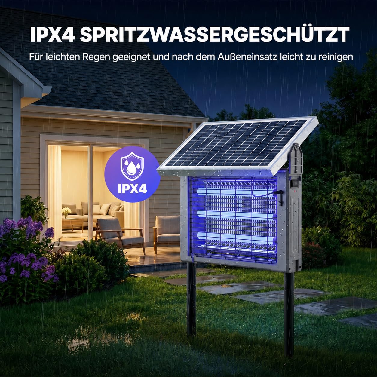 OGERY Solar Insektenvernichter für Außen, 3500V Mückenlampe, IPX4 spritzwassergeschützt, mit Auto Ein/Aus, USB-C & Solarbetrieb, für Garten, Terrasse, Garage & Camping