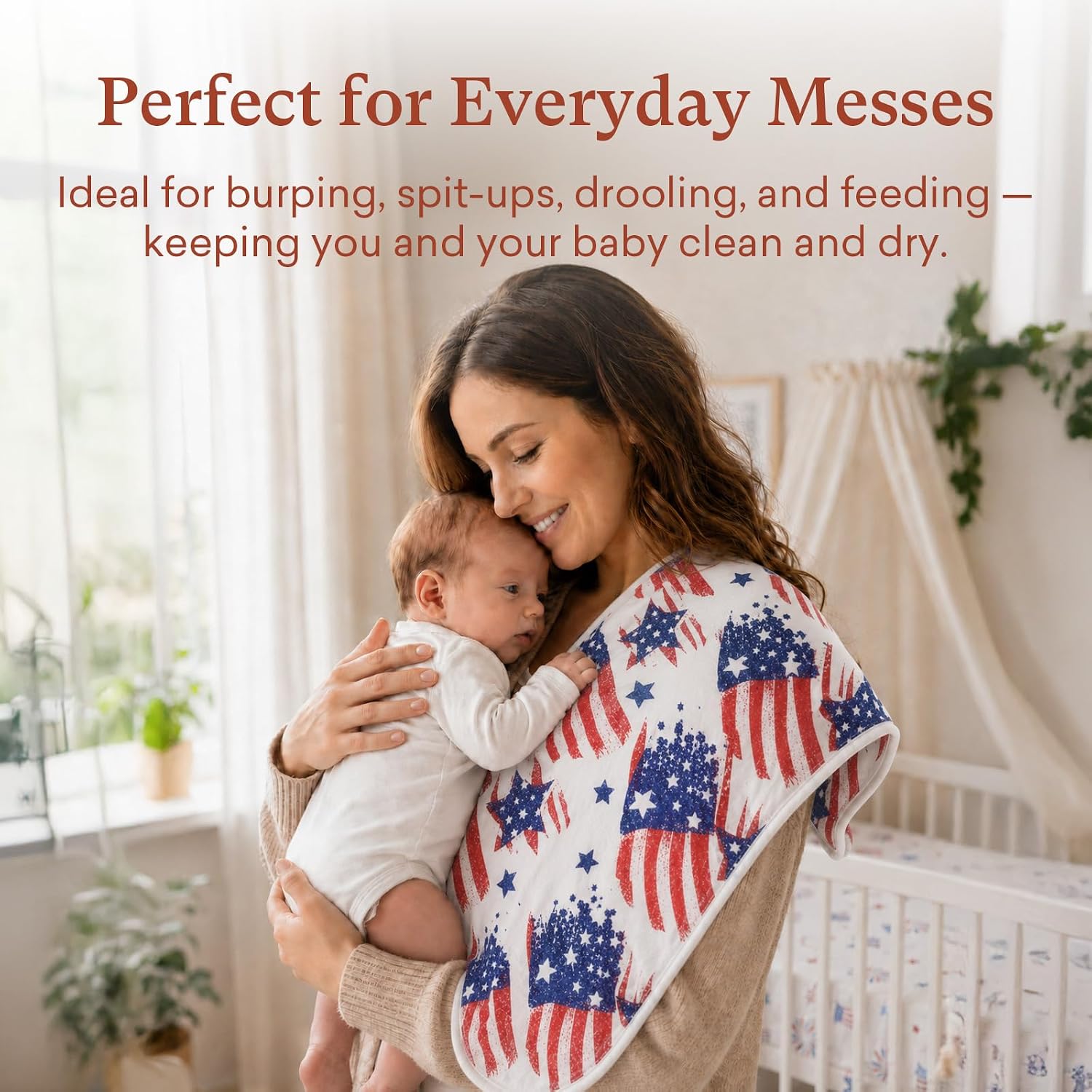 Premium Waterproof Baby Burp Cloths 8 Pack, Extra Large 13" x 26" Soft Absorbent Burping Cloths for Newborn Infant, Patriotic 4th of July Baby Essentials(Stars Fireworks)