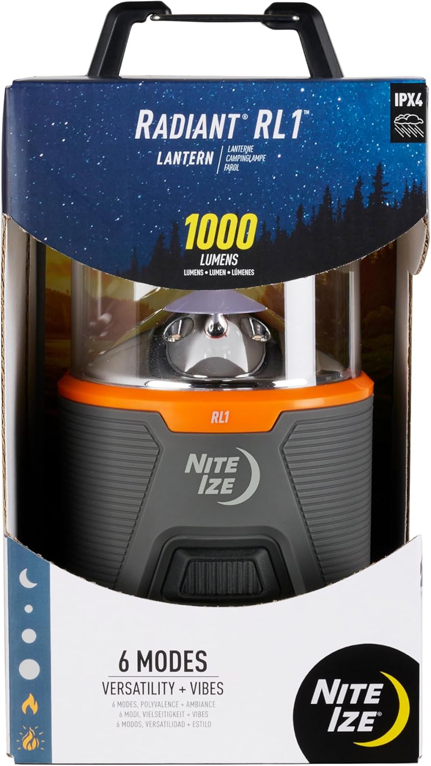 Nite Ize Radiant RL1 Lantern - Battery-Powered Lantern with 33-Day Runtime on Low - Multi-Mode LED Light - Built-in Carabiner Clip for Convenient Use - Amber Mode for Night Vision & Ambiance