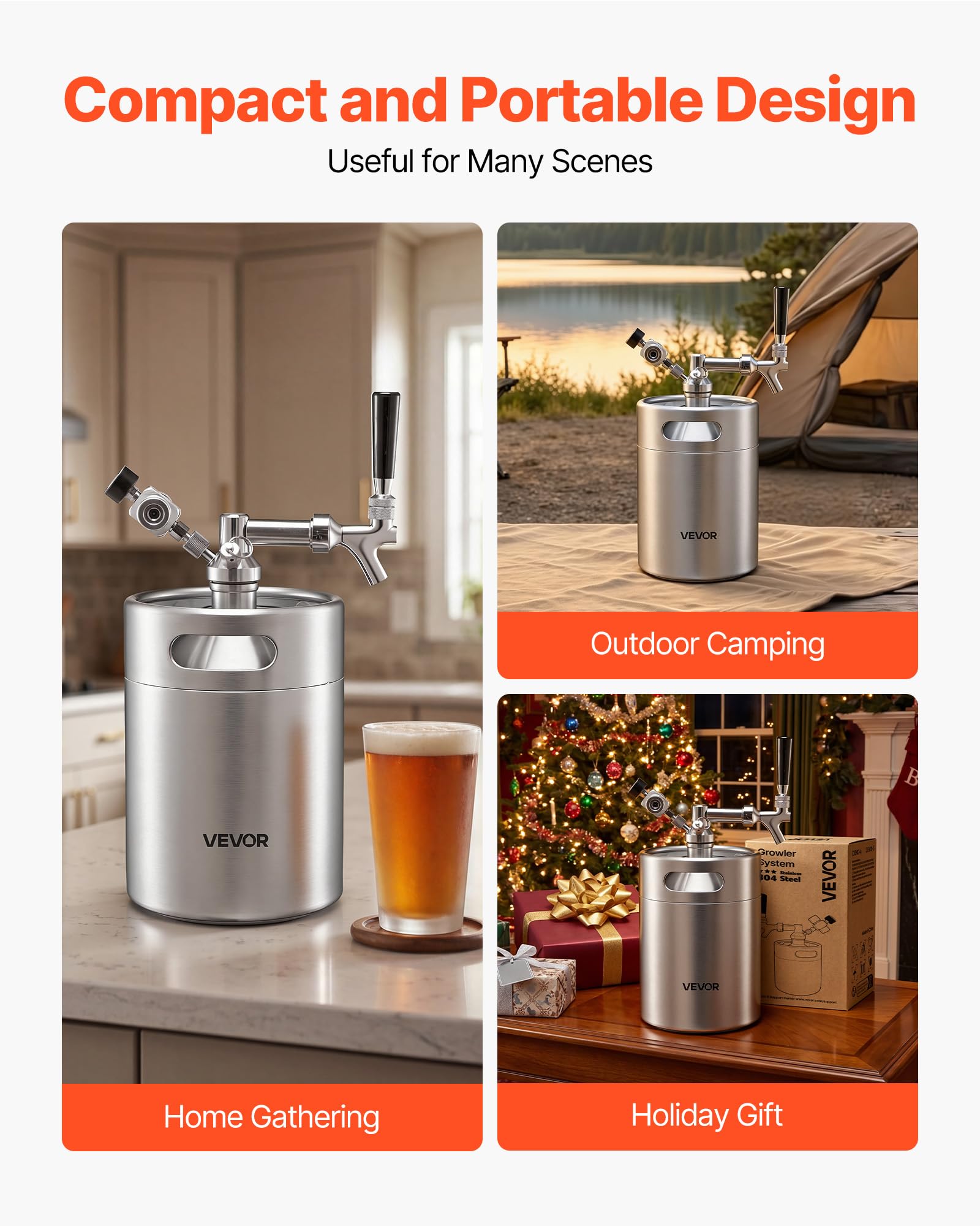 VEVOR Mini Barril Dispensador de Cerveza de 4 L de Acero Inoxidable 304, Con Regulador de CO₂ y Grifo de Cierre Automático, Compatible con Cartuchos de CO₂ de 16 g (No Incluido), Para Fiesta, Hogar