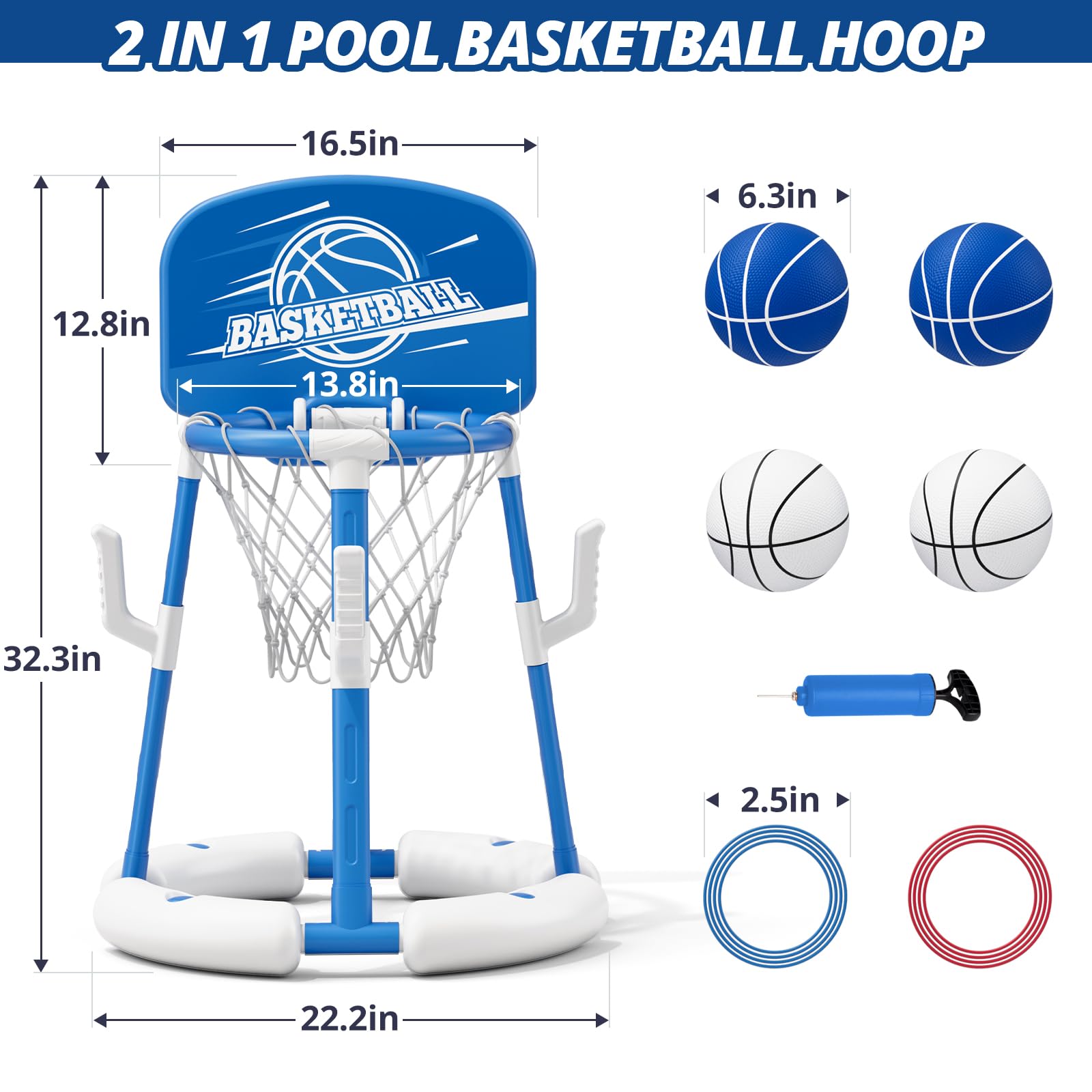 HYES Panier de Basket Flottant pour Piscine, Pool Basketball Hoop, Jouets de Piscine avec 4 Boules 8 Anneaux, Jeu de Basket d'eau en Plein air Intérieur pour Garçons Filles Enfants Adulte, Bleu