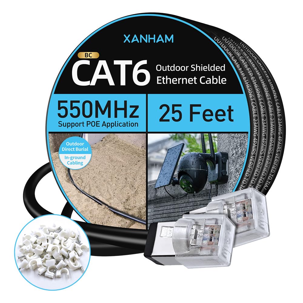 Câble Ethernet extérieur blindé Cat6 - 7,6 m - Imperméable et résistant aux UV - Gaine d'enfouissement direct 23 AWG - Câble réseau FTP en cuivre massif Cat 6, pour application de câblage PoE