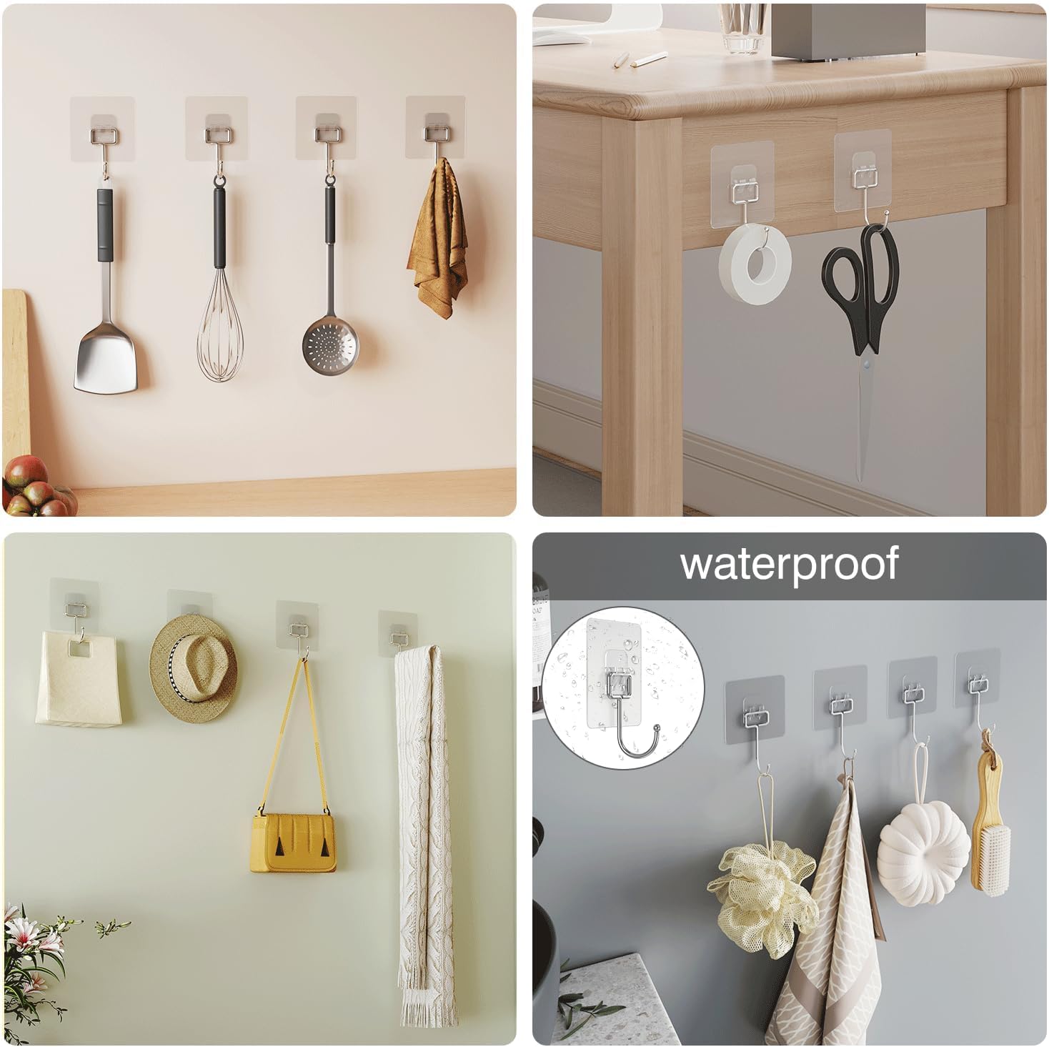 Ninth Five 30Pack Adhesive Hooks Set, Stainless Steel Clear Sticky Hooks, Heavy Duty Wall Hooks for Home Kitchen, Bathroom, Door, 20 Small 33lb & 10 Large 44lb Waterproof Utility Hooks