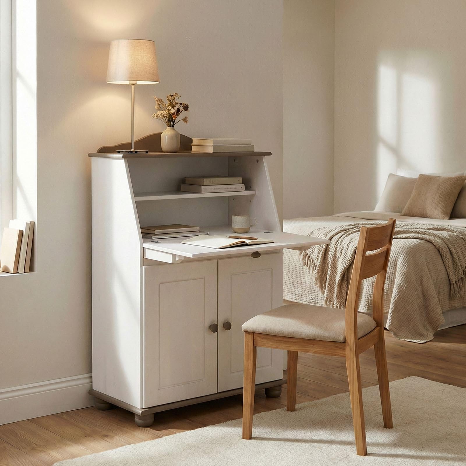 IDIMEX Sekretär David aus Kiefer Massivholz, Taupe/Weiß - Klappensekretär mit aufklappbarer Arbeitsfläche, Schreibtisch mit Stauraum für Büro oder Wohnzimmer im Landhausstil