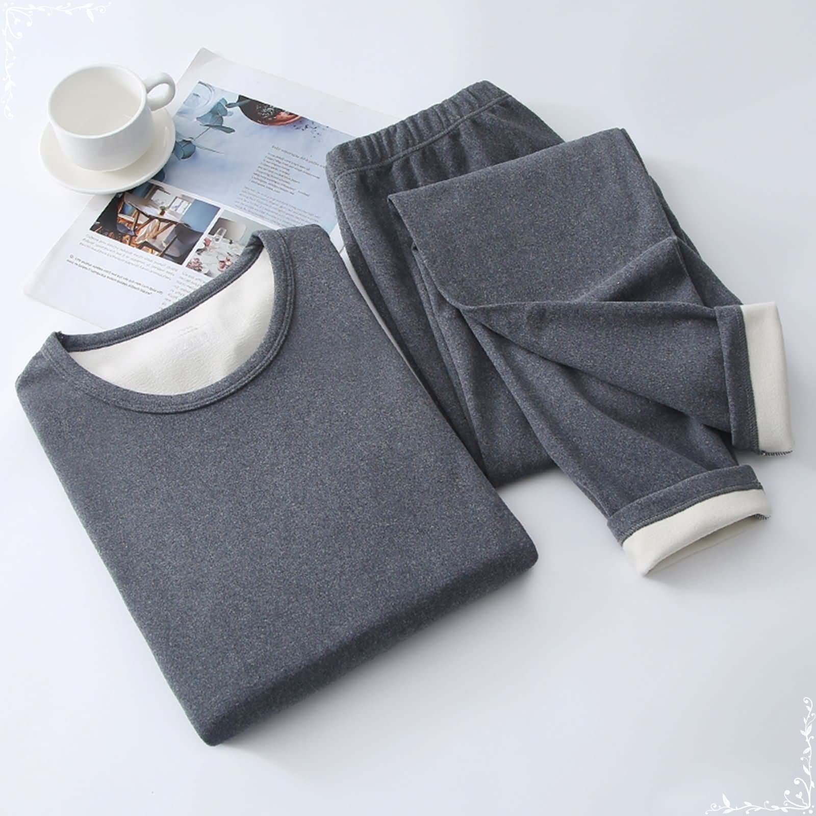 Ropa Termica para Hombre, Algodón Invierno Conjuntos Térmicos Gris Oscuro, Cuello Redondo Camiseta Termica y Pantalon Múltiples Tamaños