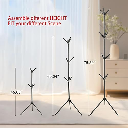 Miniatura 4 de Aynoo Perchero con 12 ganchos, árbol de pie independiente de metal, árbol de abrigo de hierro, 4 tamaños ajustables, negro