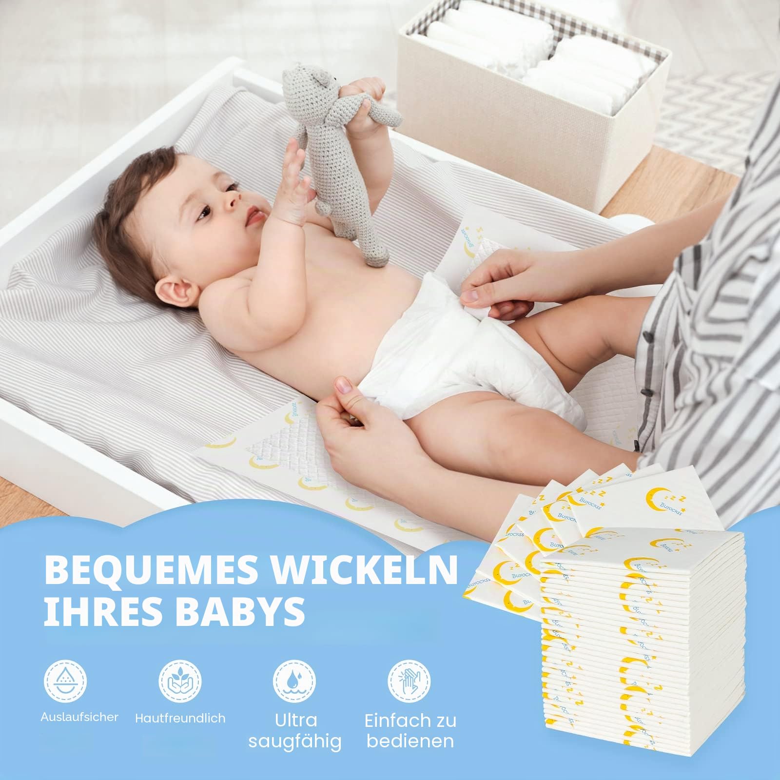 Baby Einweg-Wickelunterlagen, 100 Stück, Inkontinenz-Unterlage, Windelwechseleinlagen, schnell absorbierend, weich, atmungsaktiv, wasserdicht, auslaufsicher, 33 x 45,7 cm