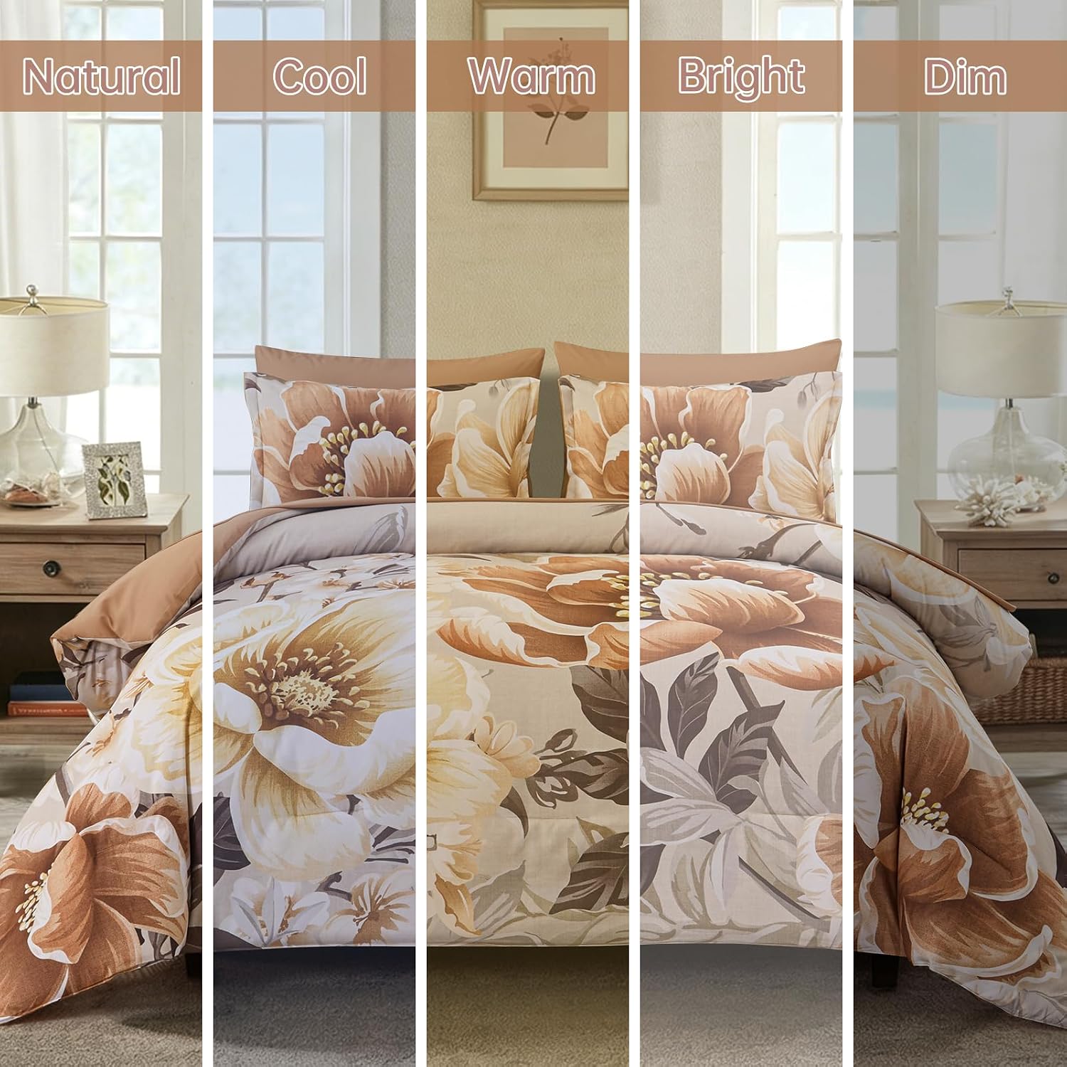 Dintszyayue Brown Comforter Set King Size, Floral 7 Pieces Bed in a Bag Set, Texture Flower Bedding Sets, Soft Microfiber for All Season with Flat Sheet Fitted Sheets Pillowcases and Shams