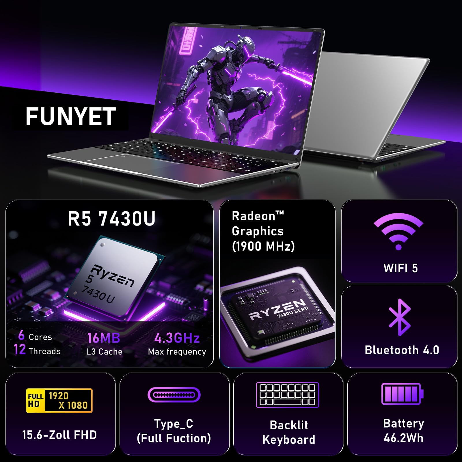 FUNYET 15,6-Inch Portatile Gaming Laptop,Win11pro Notebook, Processore R5-7430U,16 RAM 1TB SSD, FHD 1920 * 1080 Computer portatile, Tastiera retroilluminata, BT5.0, sblocco con impronta digitale