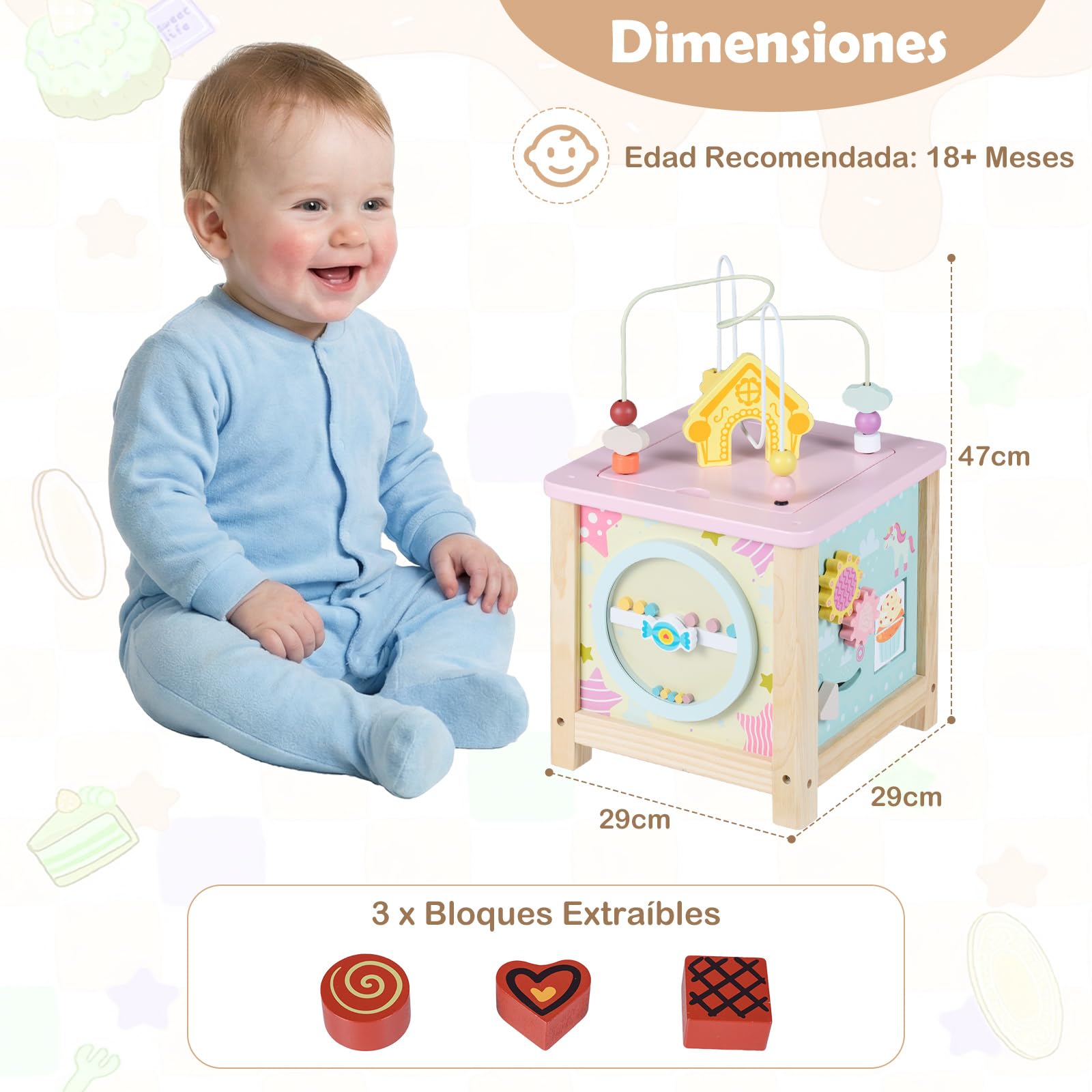 COSTWAY Cubo de Actividades de Madera, Juguetes Sensoriales Montessori para Niños de 18+ Meses, Juguetes Educativos para Bebés, Juguetes de Aprendizaje