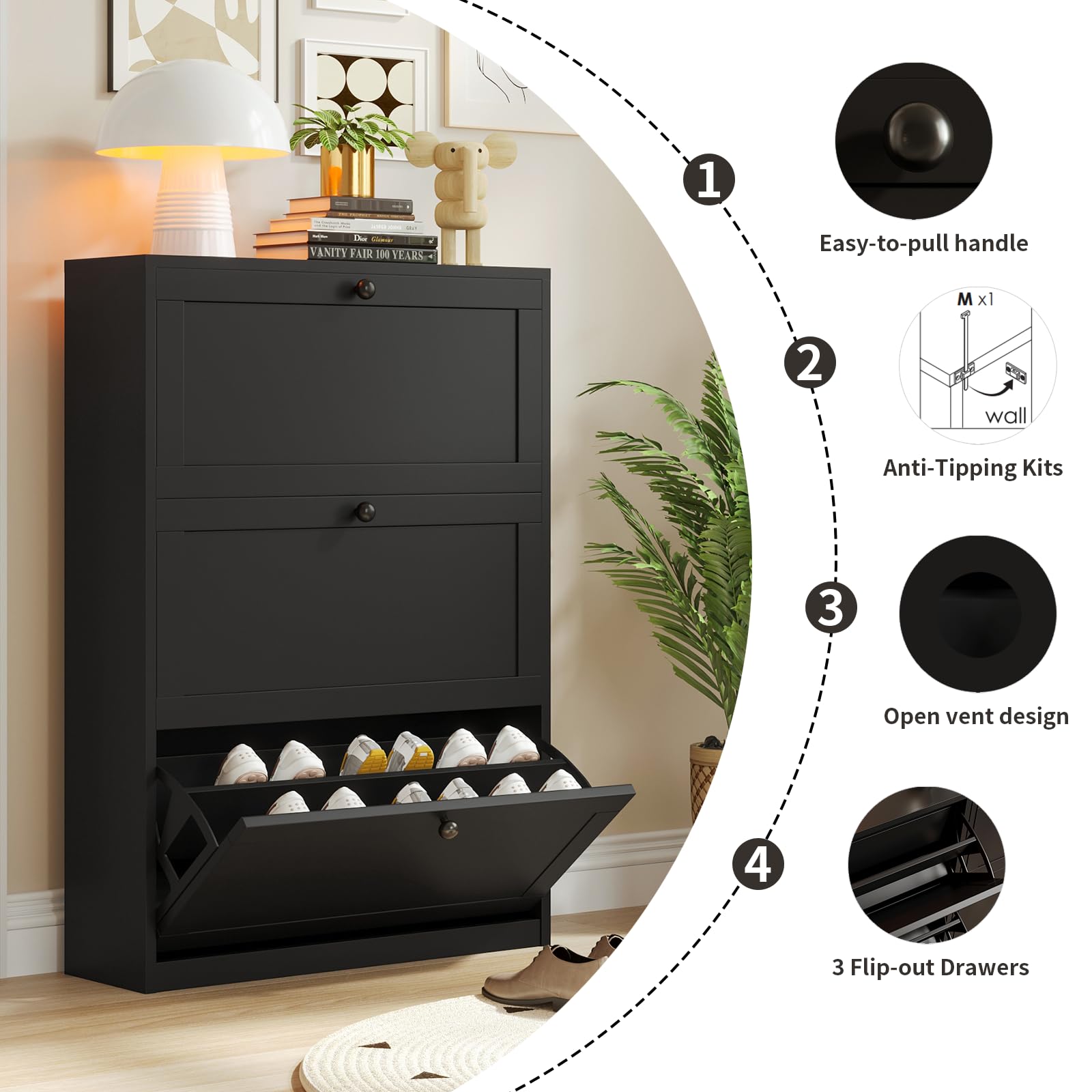 VOWNER Zapatero Estrecho Mueble Zapatero 80x24x116cm (Negro) | con 3 Puertas Abatibles, Madera para Entrada, Recibidor & Pasillo