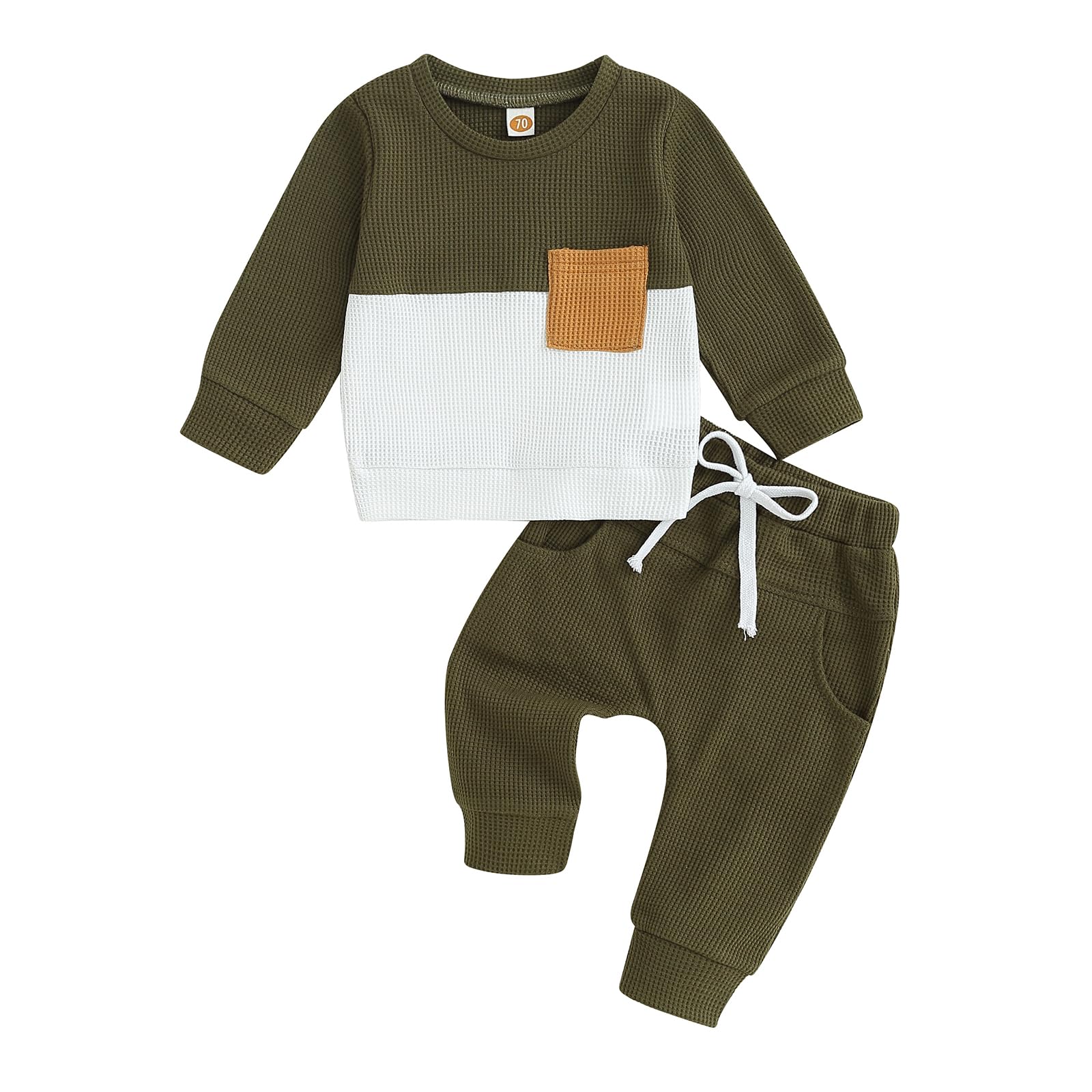GGBNOMER Toddler Baby Boy Fall Clothes Waffle Contrast Color Sweatshirt Pants Sets Infant Winter Outfits 6 12 18 24 Months (Army Green, 0-6 Months)