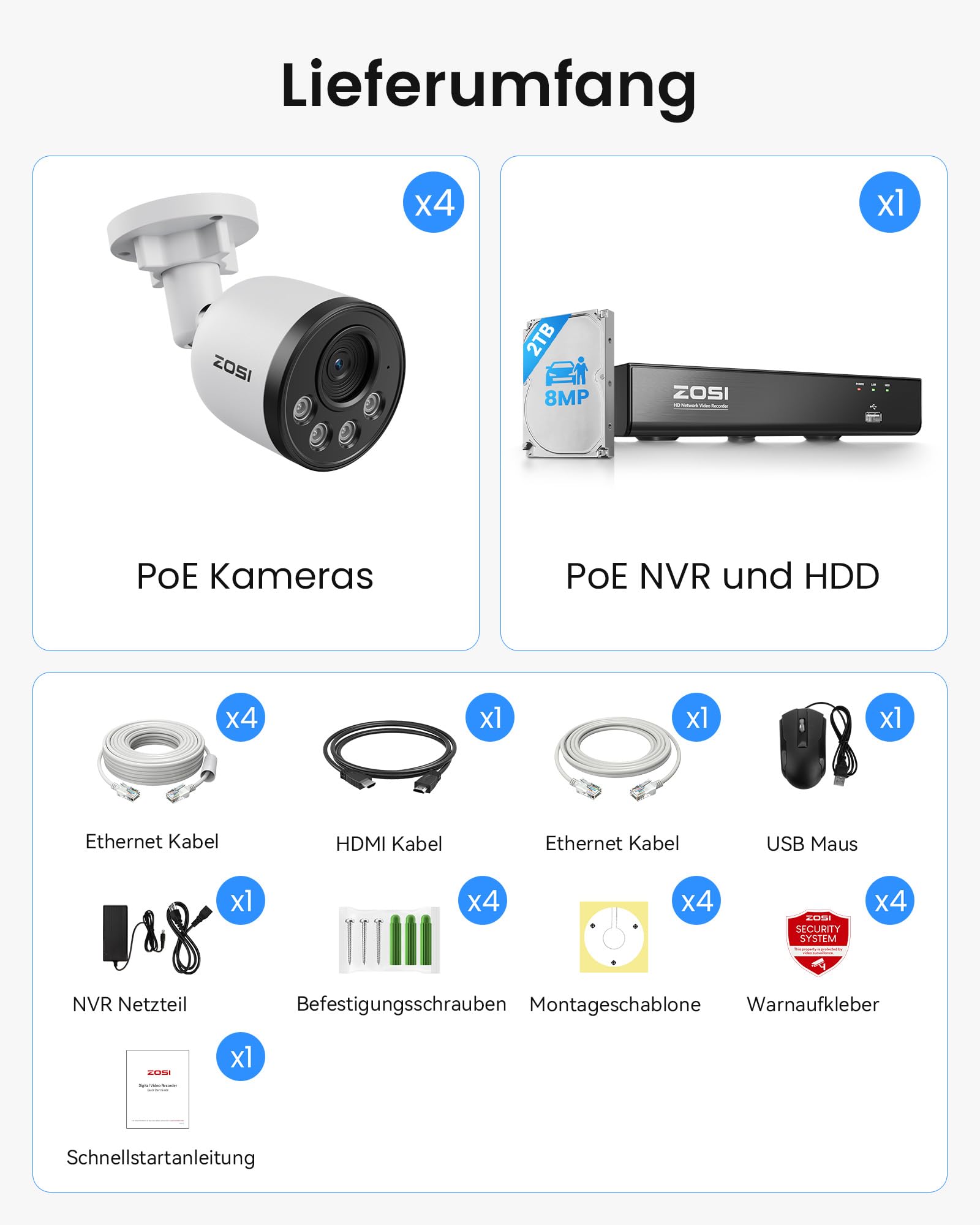 ZOSI 4K PoE Überwachungskamera Set Aussen, 8CH 2TB NVR mit 4X 8MP IP Kameras, Personen- und Fahrzeugerkennung, Audioüberwachung, 30M IR Nachtsicht, 24/7-Aufnahme, C180