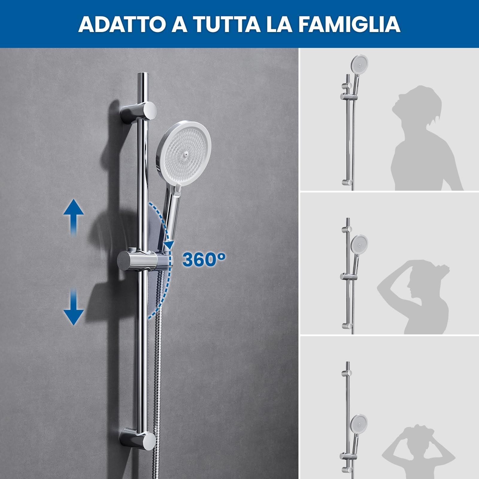 Auralum Saliscendi Doccia con Soffione, Set Doccia con Asta Doccia Saliscendi in Acciaio Inox (70cm), Inox Tubo Flessibile (150cm) e Soffione (4 Funzioni,12.7cm) con Supporto Soffione Doccia, Cromato