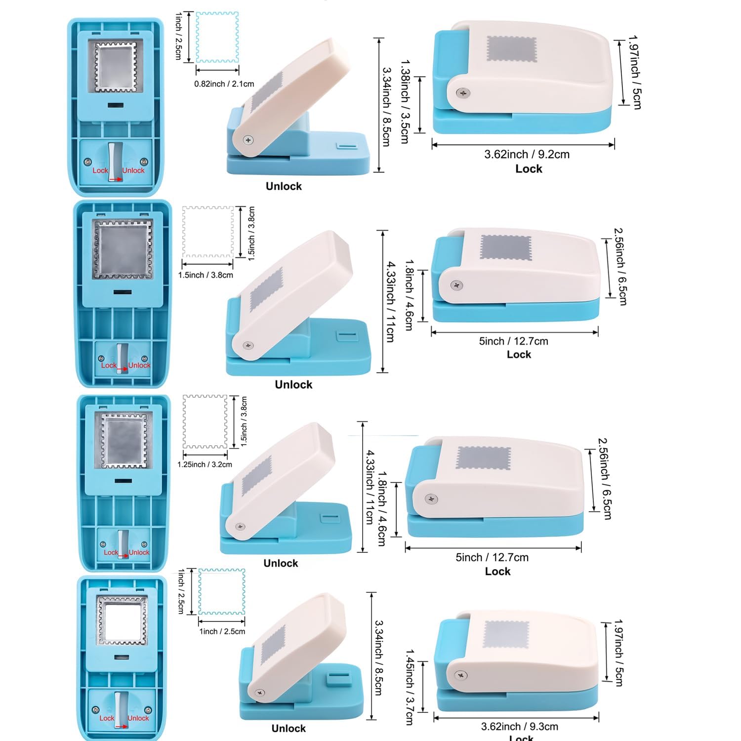 Paquete de 4 perforadores cuadrados de 1 pulgada y 1.5 pulgadas, 1.5 x 1.25 pulgadas y 1 x 0.8 pulgadas, perforadores de papel con forma de sellos, perforadores de papel para manualidades de papel