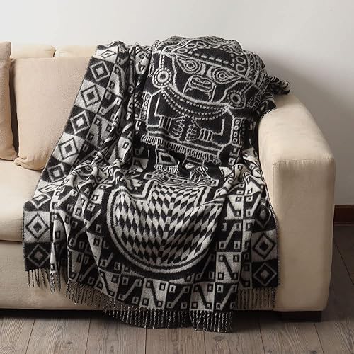 Miniatura 7 de Manta de lana de alpaca inspirada en la cultura inca peruana, lujosa, suave y elegante (negrogris niebla, cuchillo Tumi)