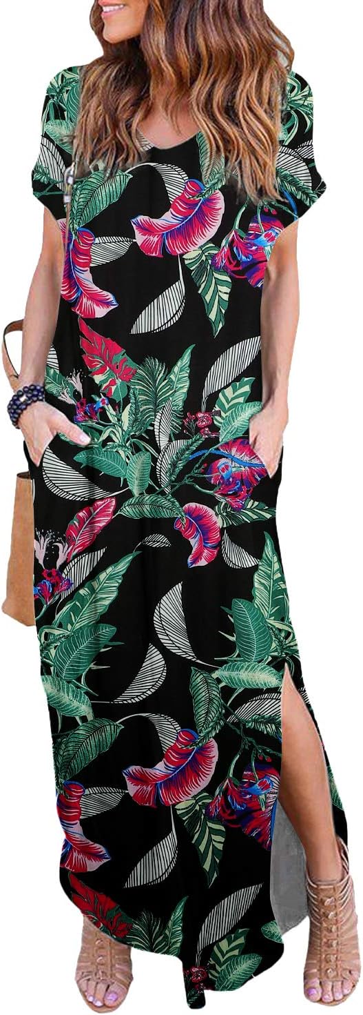 HUSKARYWomen's Summer Maxi Dress Casual Loose Pockets Long Dress Short Sleeve Split Maxi Dresses