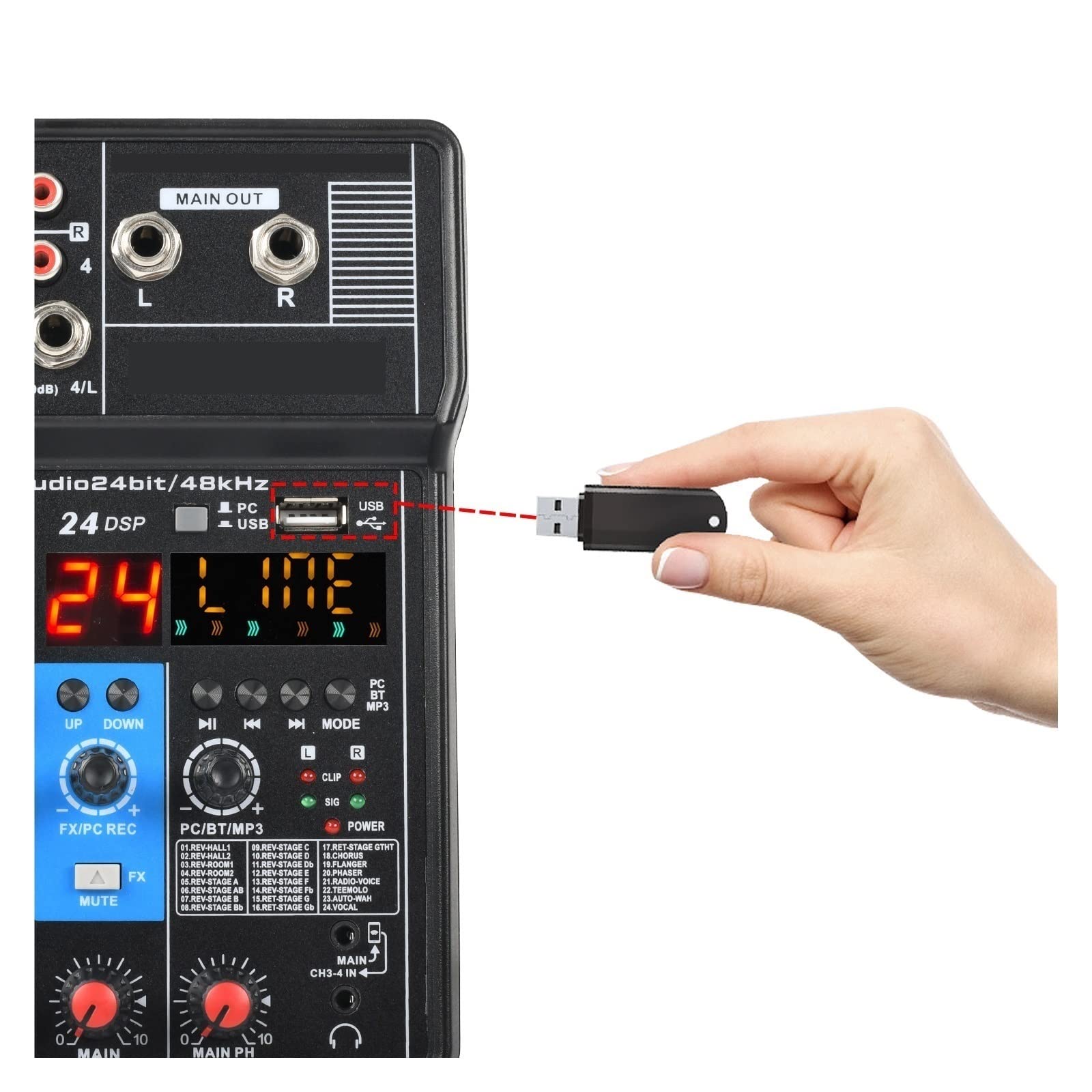 Mikser audio, 4-kanałowy mikser dźwięku Funkcja 24 efekty USB Komputer Nagrywanie Odtwórz transmisję na żywo Konsola miksująca na imprezę
