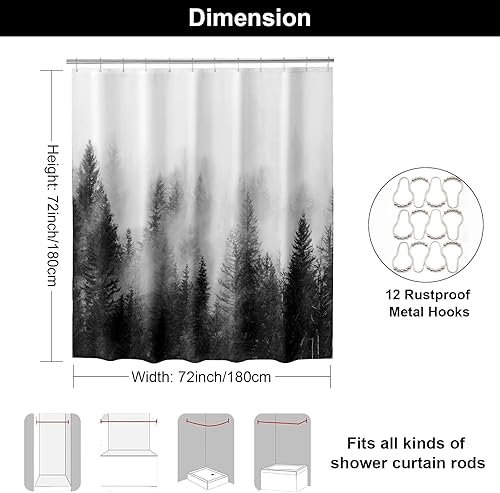 Miniatura 2 de ORTIGIA Cortina de ducha de bosque brumoso blanco y negro para baño, juego de cortinas de bosque natural con ganchos, decoración decorativa de pino