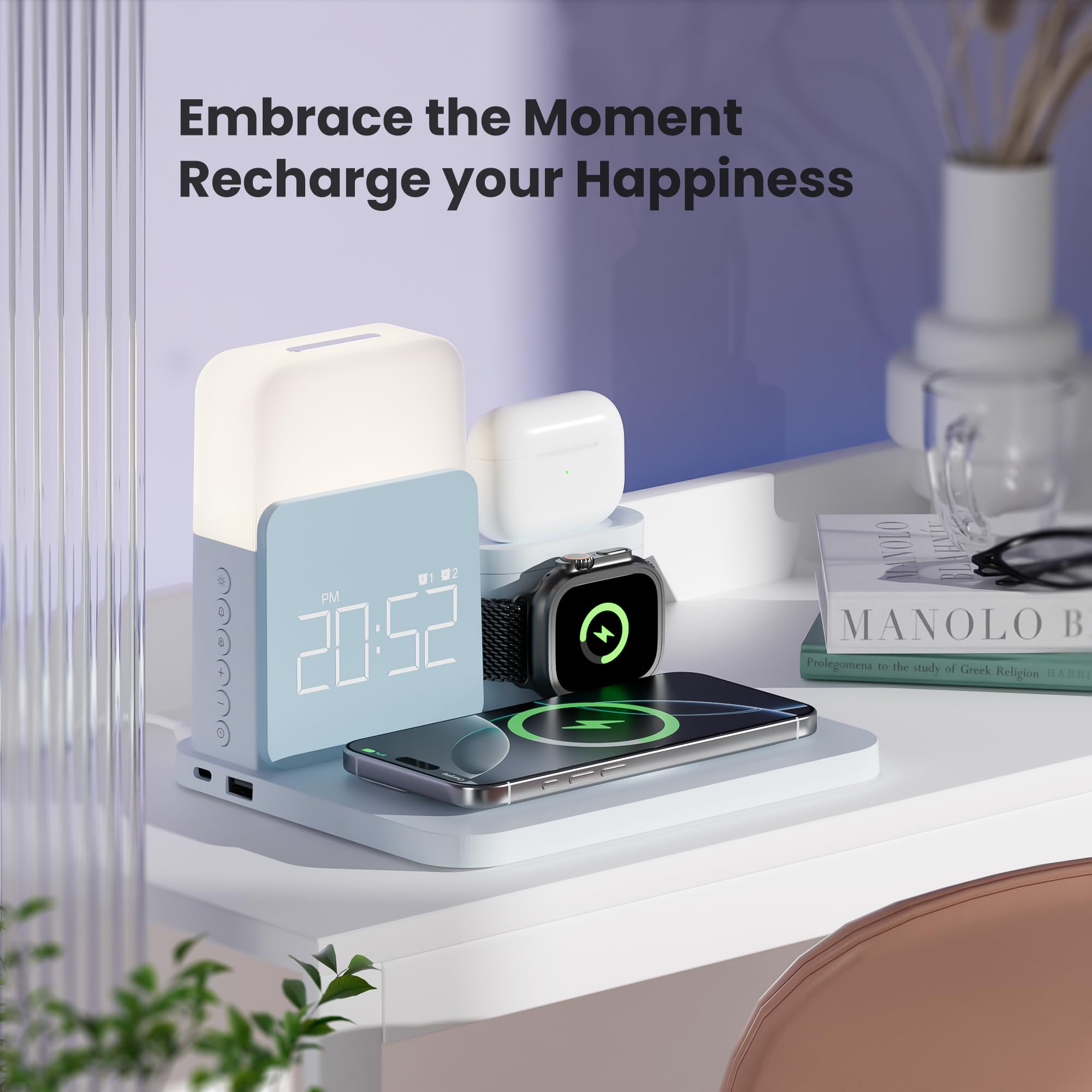 Station de charge magnétique sans fil 7 en 1 pour appareils Apple avec horloge