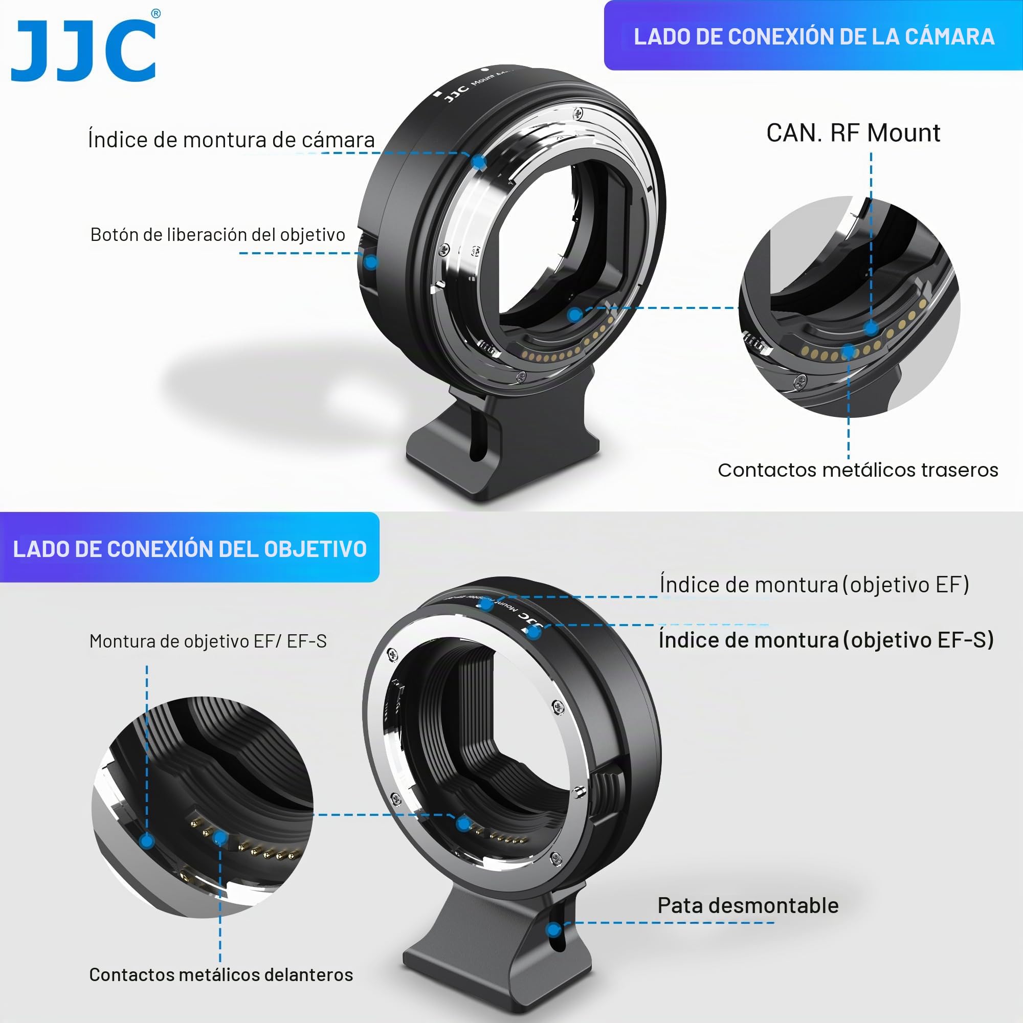 JJC EF-RF - Adaptador de Montaje de Enfoque automático para Canon EF EF/S a EOS R Ra RP R3 R5 R5c R6 R6II R7 R8 R10 R50, etc. Cámara de Montaje RF, Soporte de Metal Duradero con pie de trípode