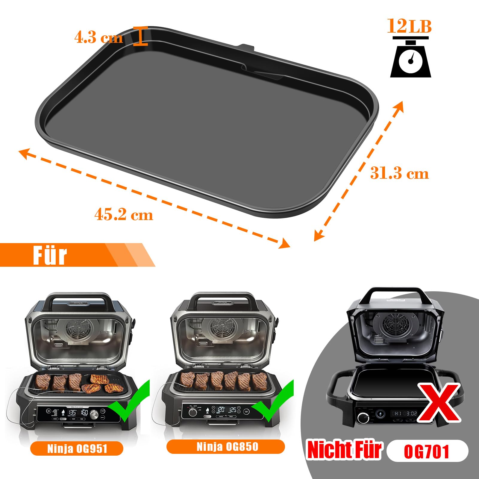 GFTIME Gusseiserne Grillplatte für Ninja Woodfire Pro XL, OG800 und OG900 Serie (OG850/OG901), Outdoor Flachgrillplatte mit Ölöffnung, Keramikbeschichtung, Einsatz, Schwarz
